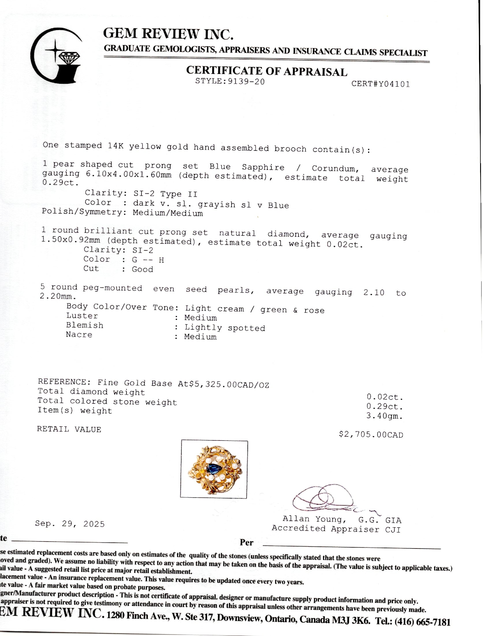 Pear Cut Sapphire, Diamond & Pearl Brooch | 0.29ct, 0.02ct