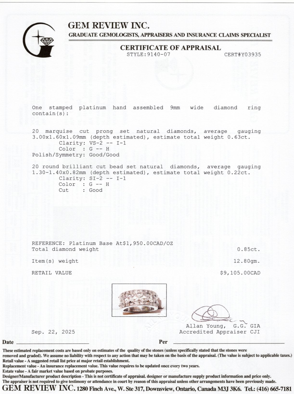 950 Platinum Marquise Cut Diamond Band | 0.85ctw | 9mm | SZ 5.5