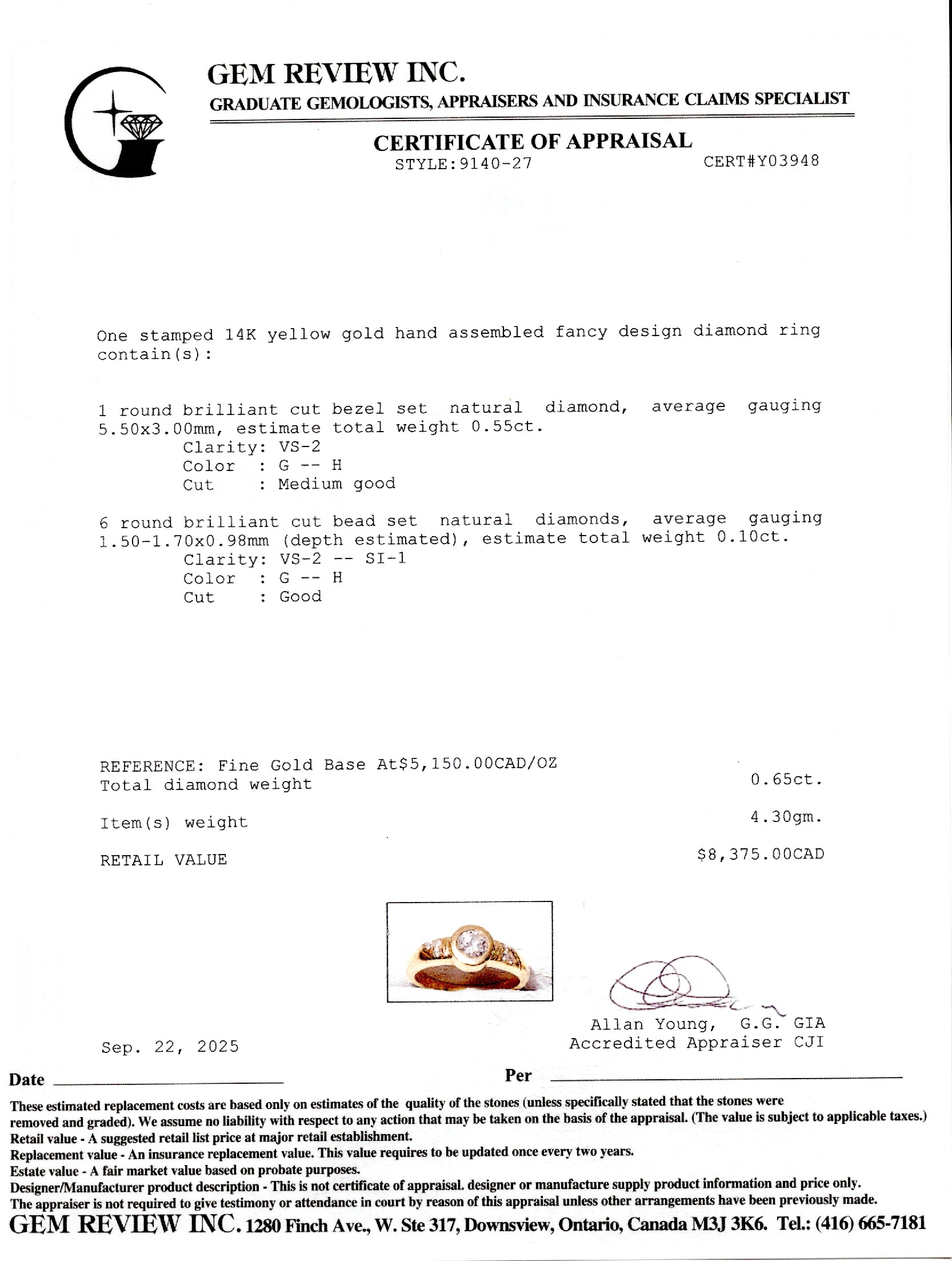 Bezel Set Diamond Accented Ring | 0.65ct | SZ 8