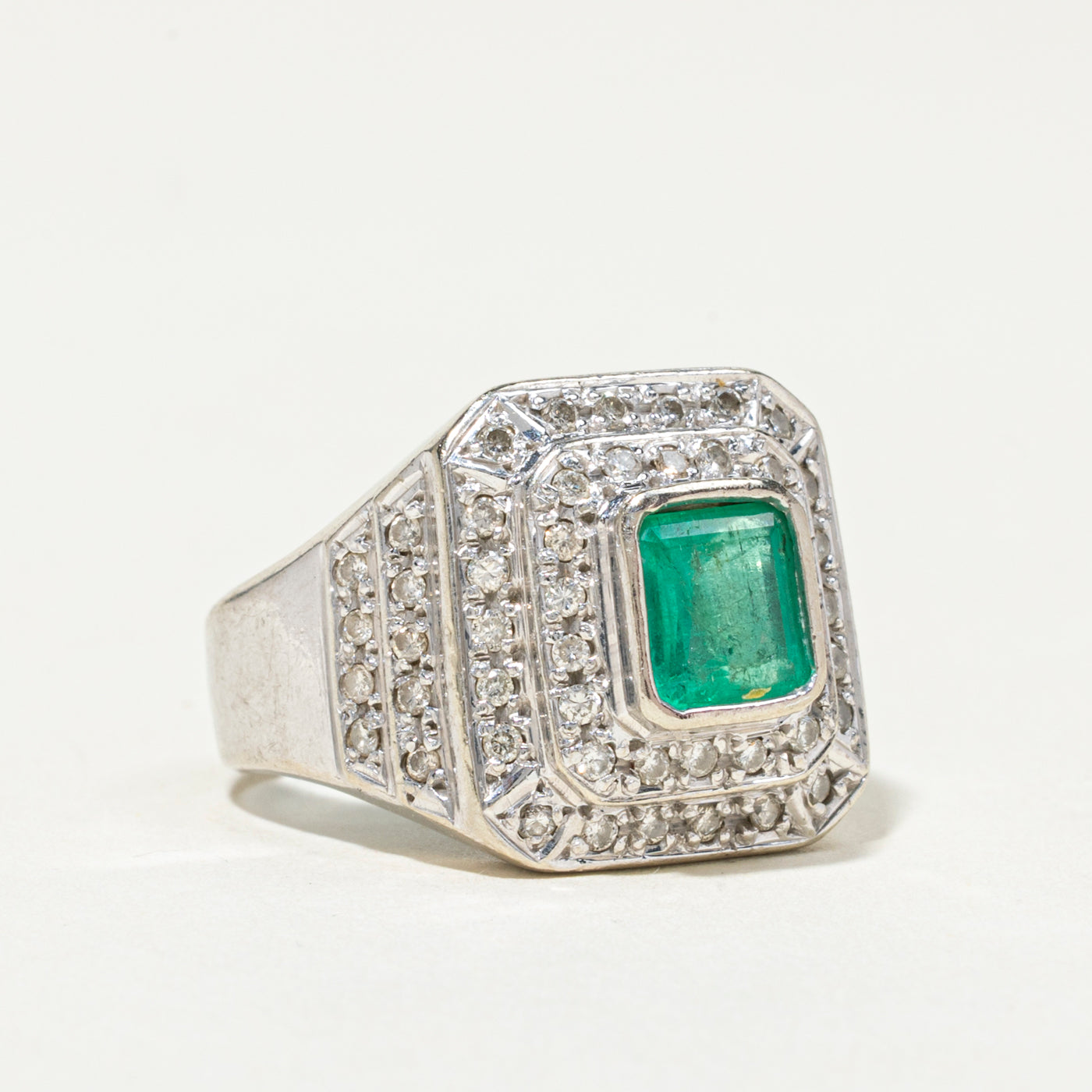 Bezel Set Emerald & Diamond Halo Cocktail Ring | 1.00ct, 0.63ctw | SZ 7