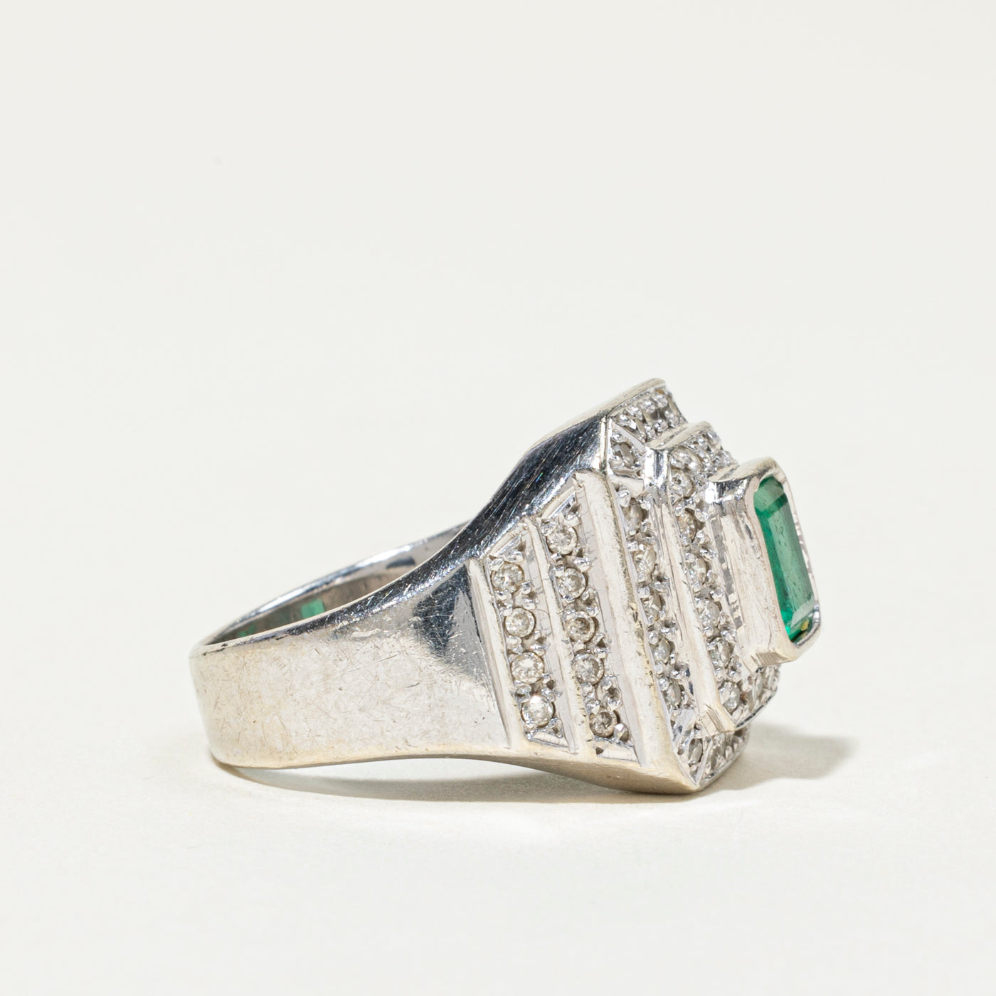 Bezel Set Emerald & Diamond Halo Cocktail Ring | 1.00ct, 0.63ctw | SZ 7