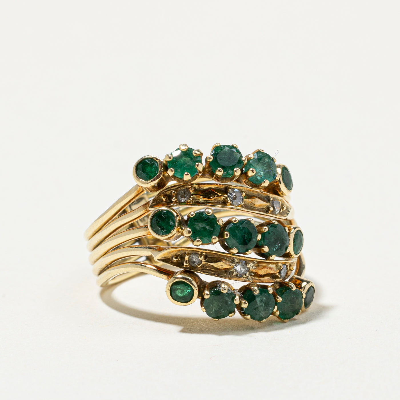 Multi Row Emerald & Diamond Stacked Wave Ring | 1.15ctw, 0.08ctw | SZ 8