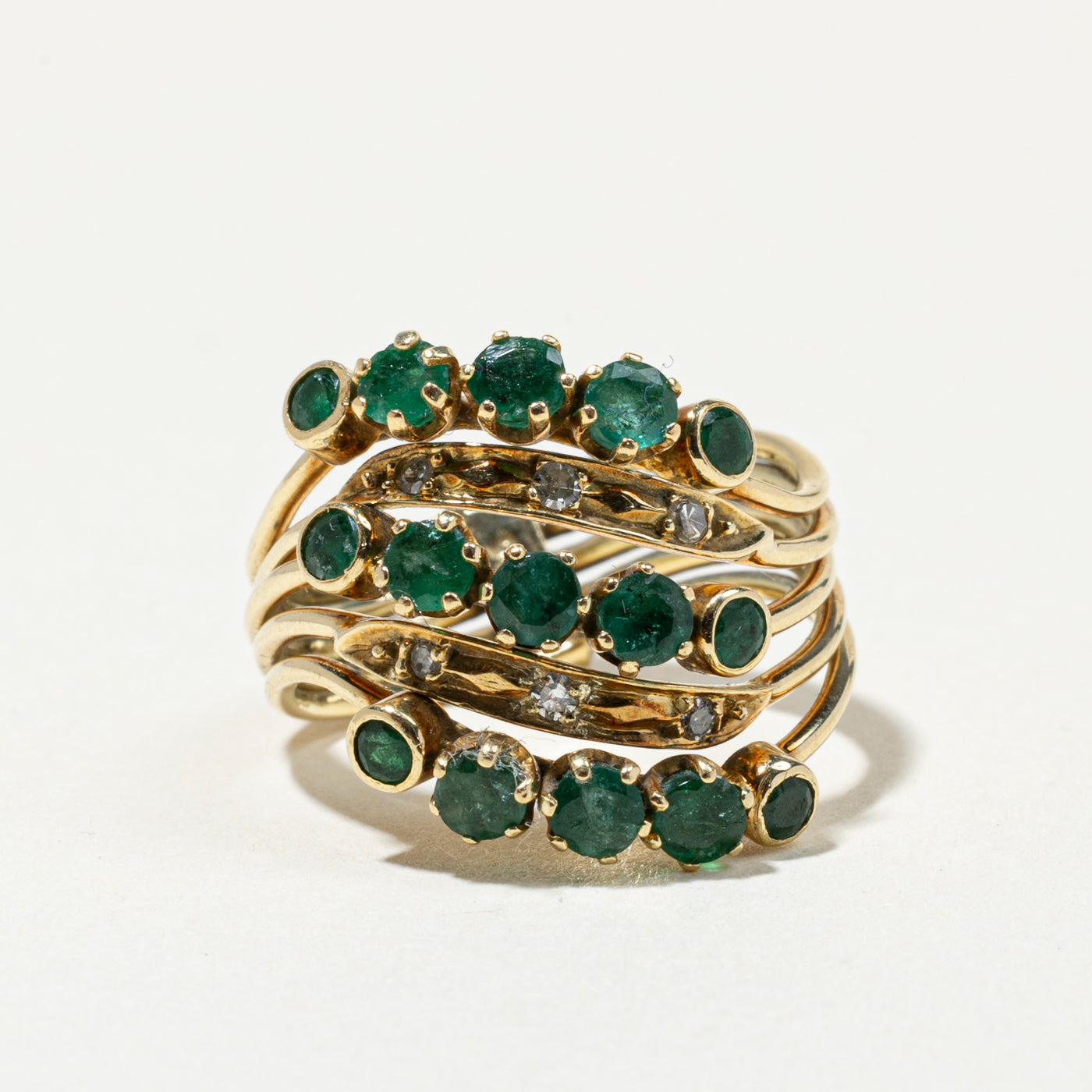 Multi Row Emerald & Diamond Stacked Wave Ring | 1.15ctw, 0.08ctw | SZ 8
