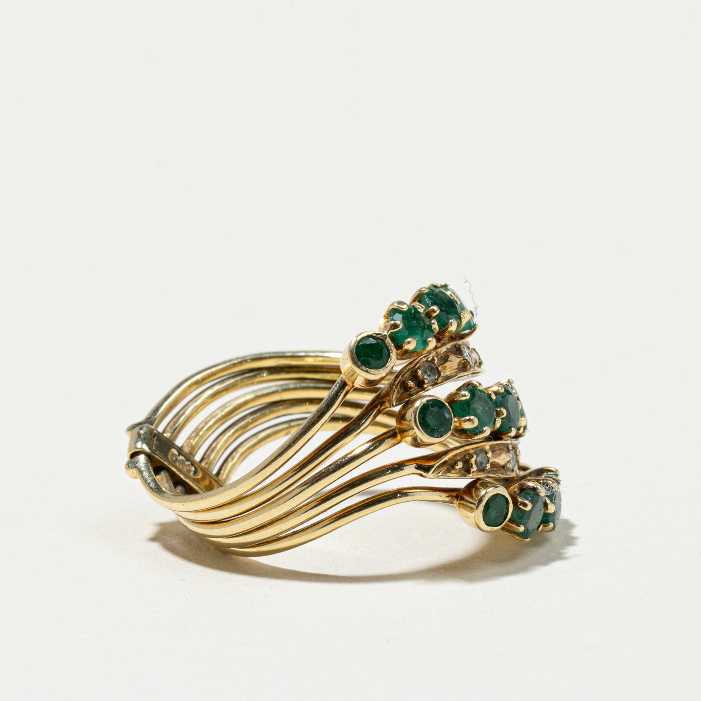 Multi Row Emerald & Diamond Stacked Wave Ring | 1.15ctw, 0.08ctw | SZ 8