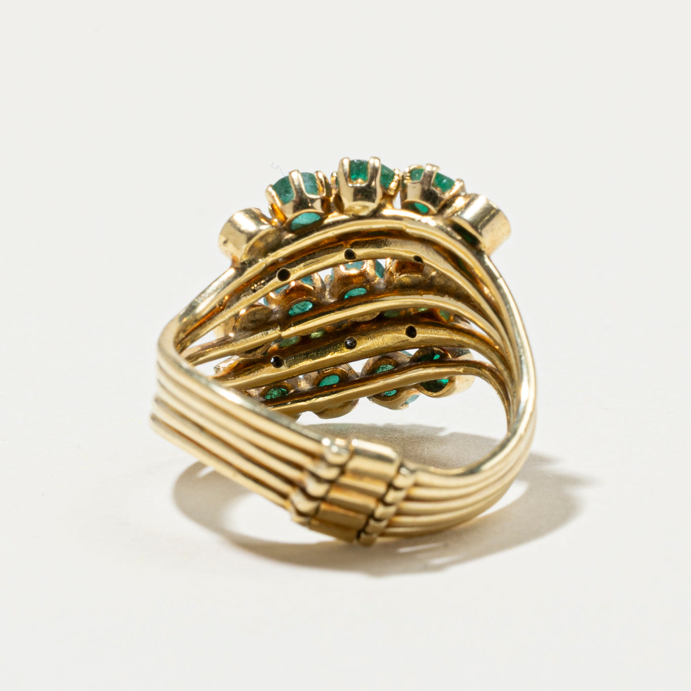 Multi Row Emerald & Diamond Stacked Wave Ring | 1.15ctw, 0.08ctw | SZ 8