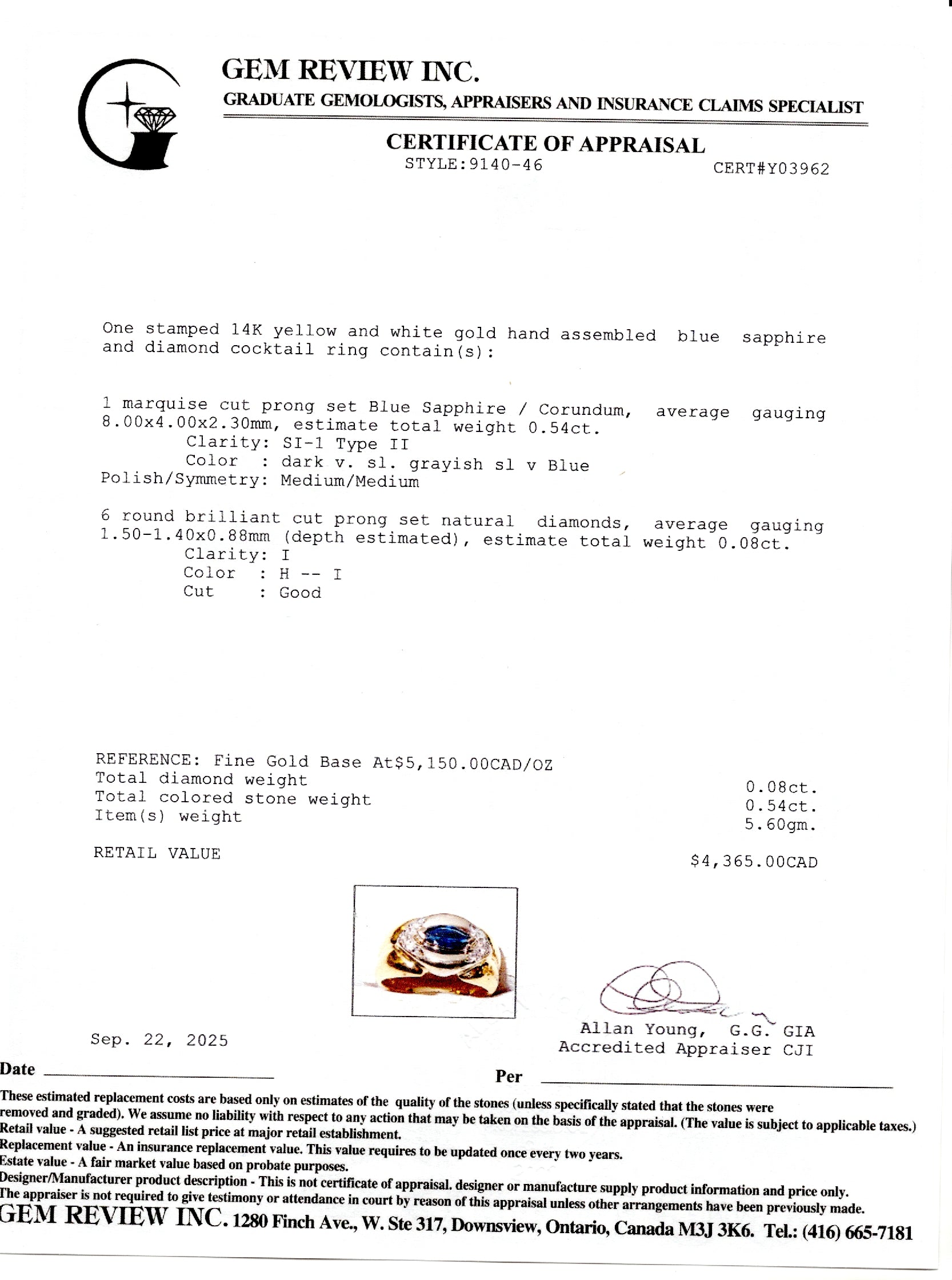 Marquise Cut Sapphire & Diamond Chunky Ring | 0.54ct, 0.08ctw | SZ 5.25