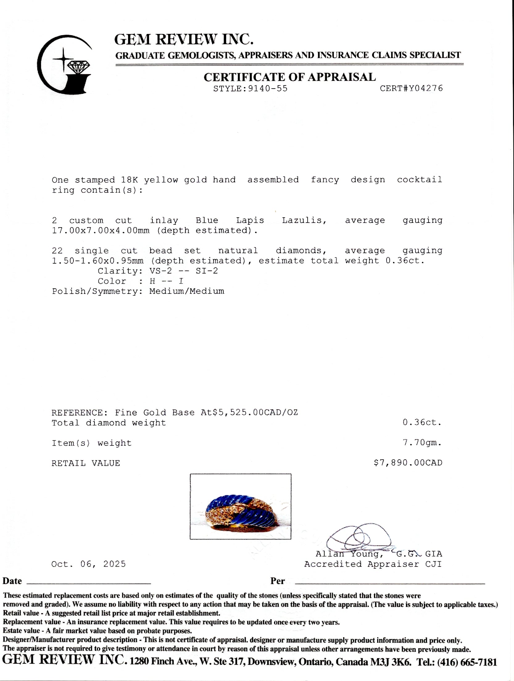 18k Diamond & Lapis Lazuli Dome Ring | 0.36ctw | SZ 6.5