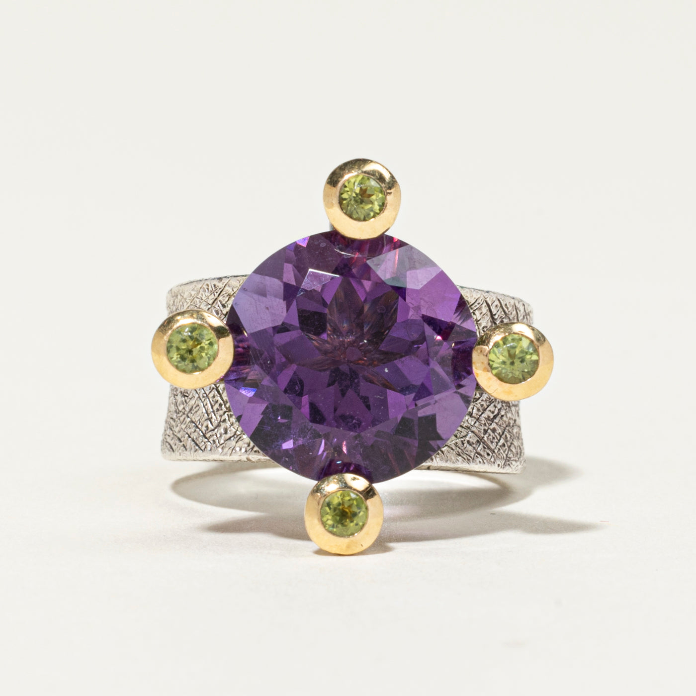 18k & Silver Amethyst & Peridot Cocktail Ring | 12.10ct, 0.14ct | SZ 8