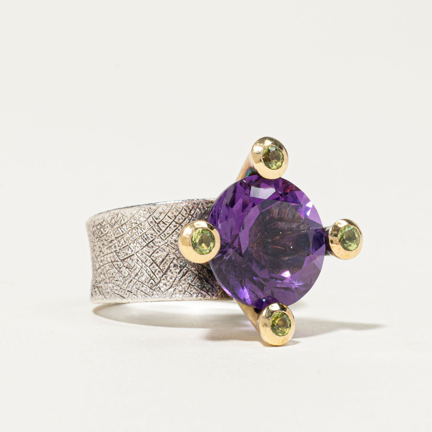 18k & Silver Amethyst & Peridot Cocktail Ring | 12.10ct, 0.14ct | SZ 8