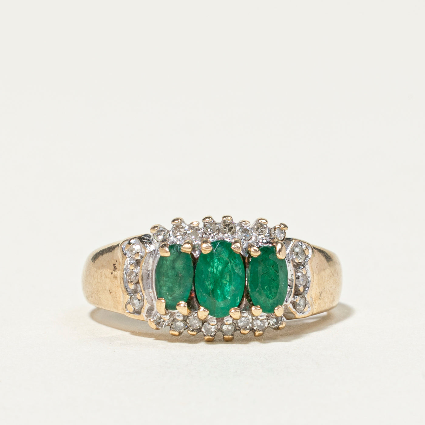 Three Stone Emerald & Diamond Petal Halo Ring | 0.70ctw, 0.18ctw | SZ 5.75