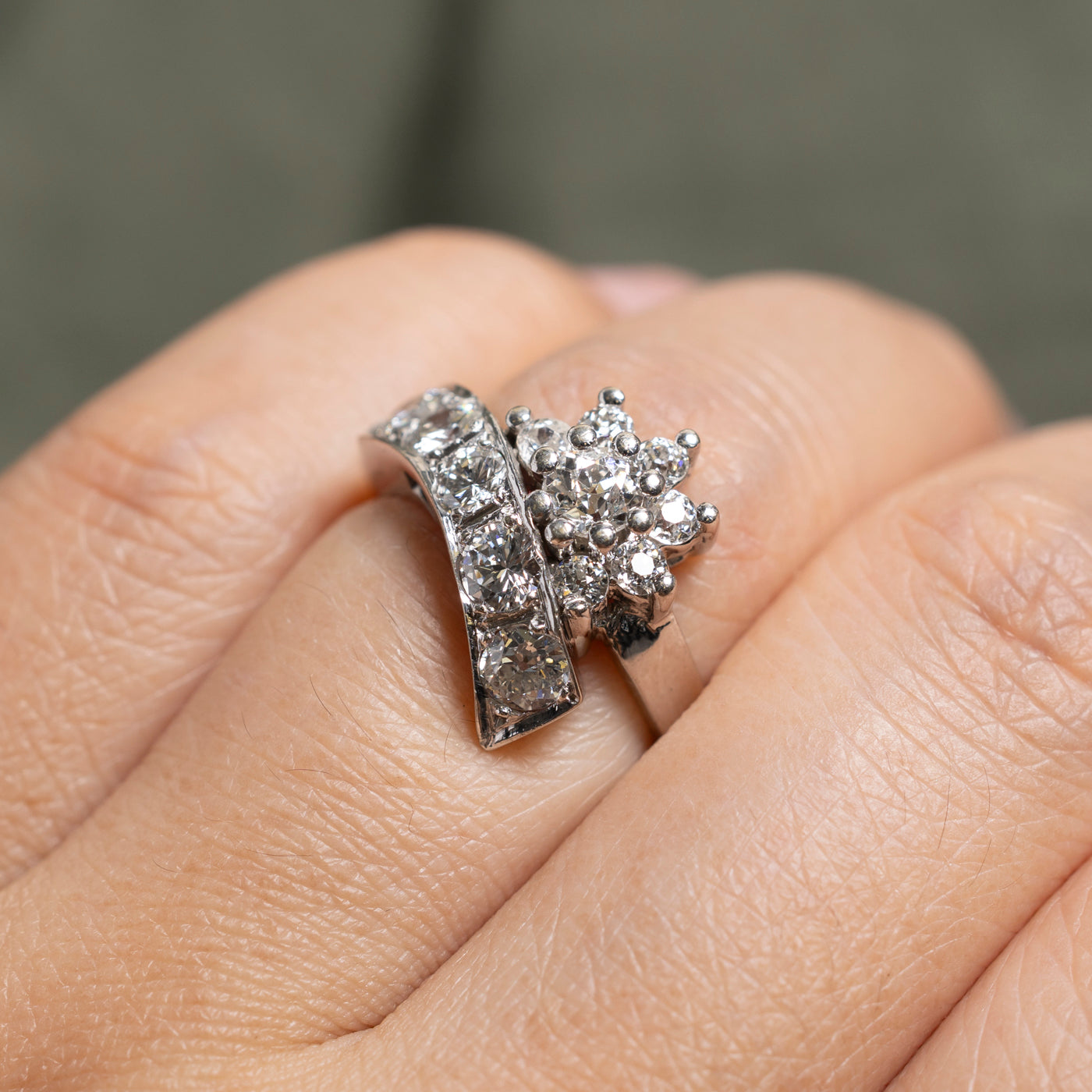 Old European Cut Diamond Petal Cluster Bypass Ring | 1.67ctw | SZ 6