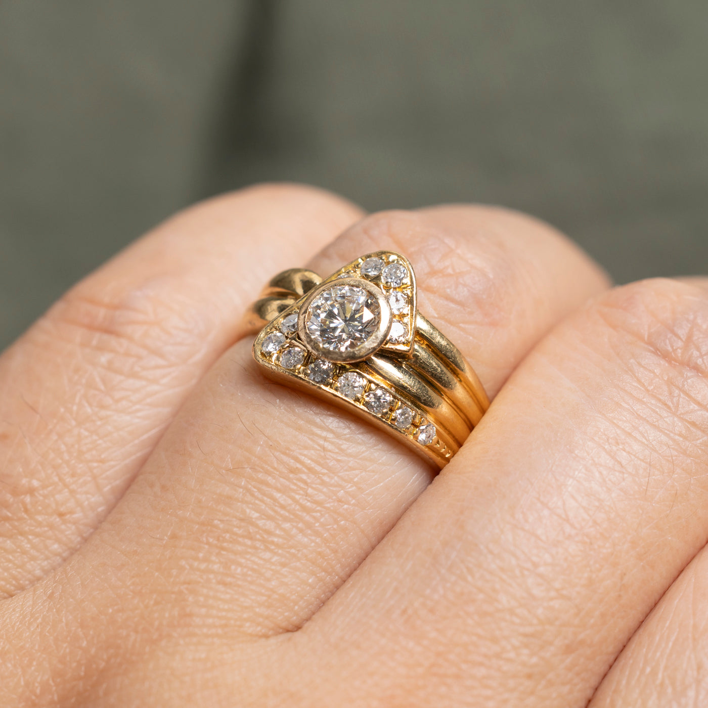 18k Bezel Set Diamond Triangle Halo Ring | 0.99ctw | SZ 6.75