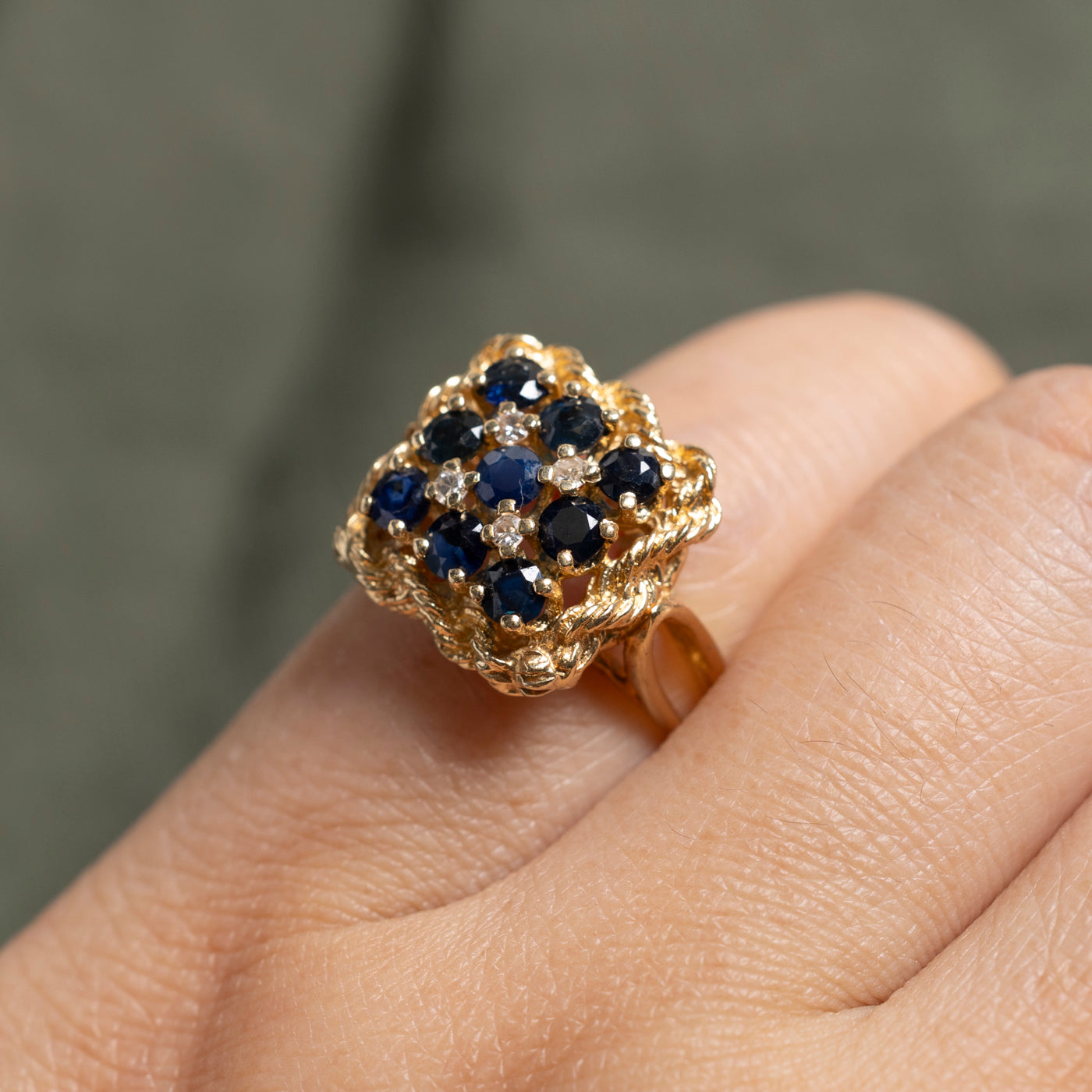 Sapphire & Diamond Grid Textured Cocktail Ring | 1.09ctw, 0.08ctw | SZ 4.25