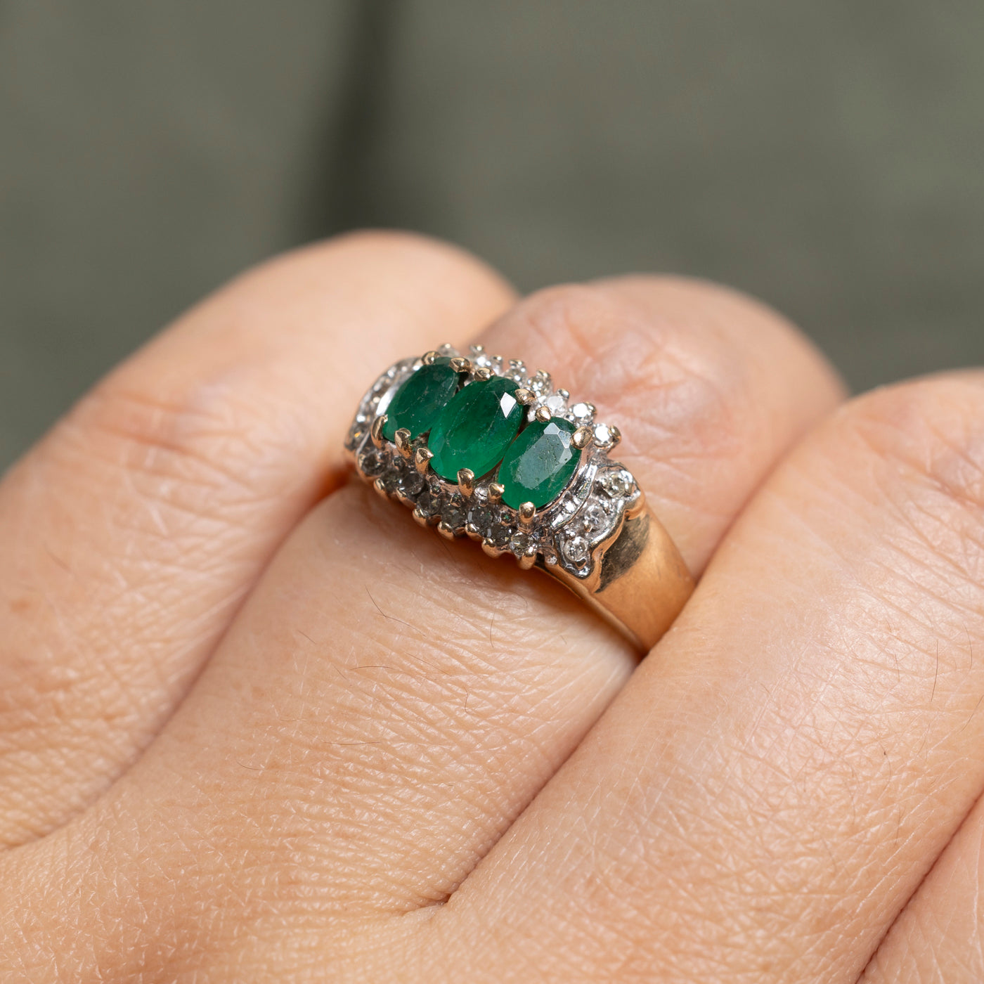 Three Stone Emerald & Diamond Petal Halo Ring | 0.70ctw, 0.18ctw | SZ 5.75