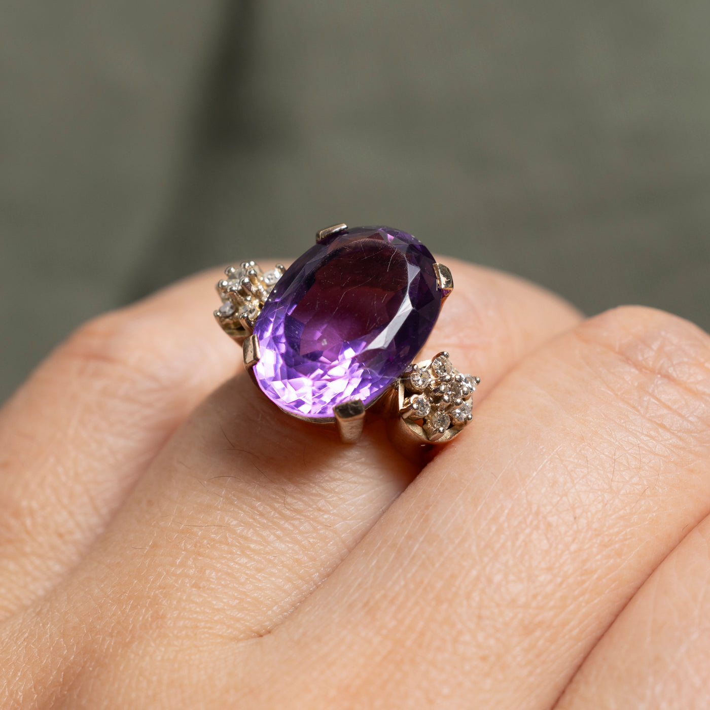 Oval Cut Amethyst & Diamond Cocktail Ring | 7.57ct, 0.21ctw | SZ 6