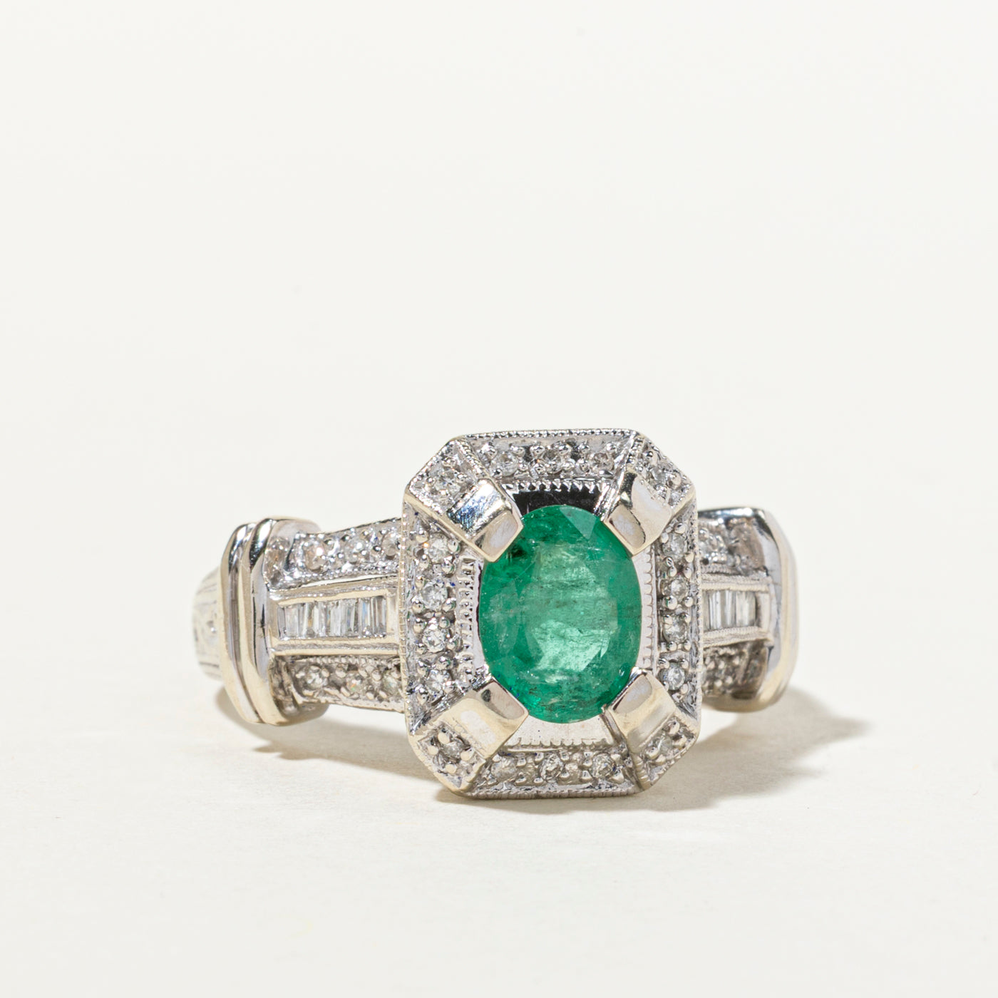 Oval Cut Emerald & Diamond Engraved Cocktail Ring | 0.98ct, 0.32ctw | SZ 8