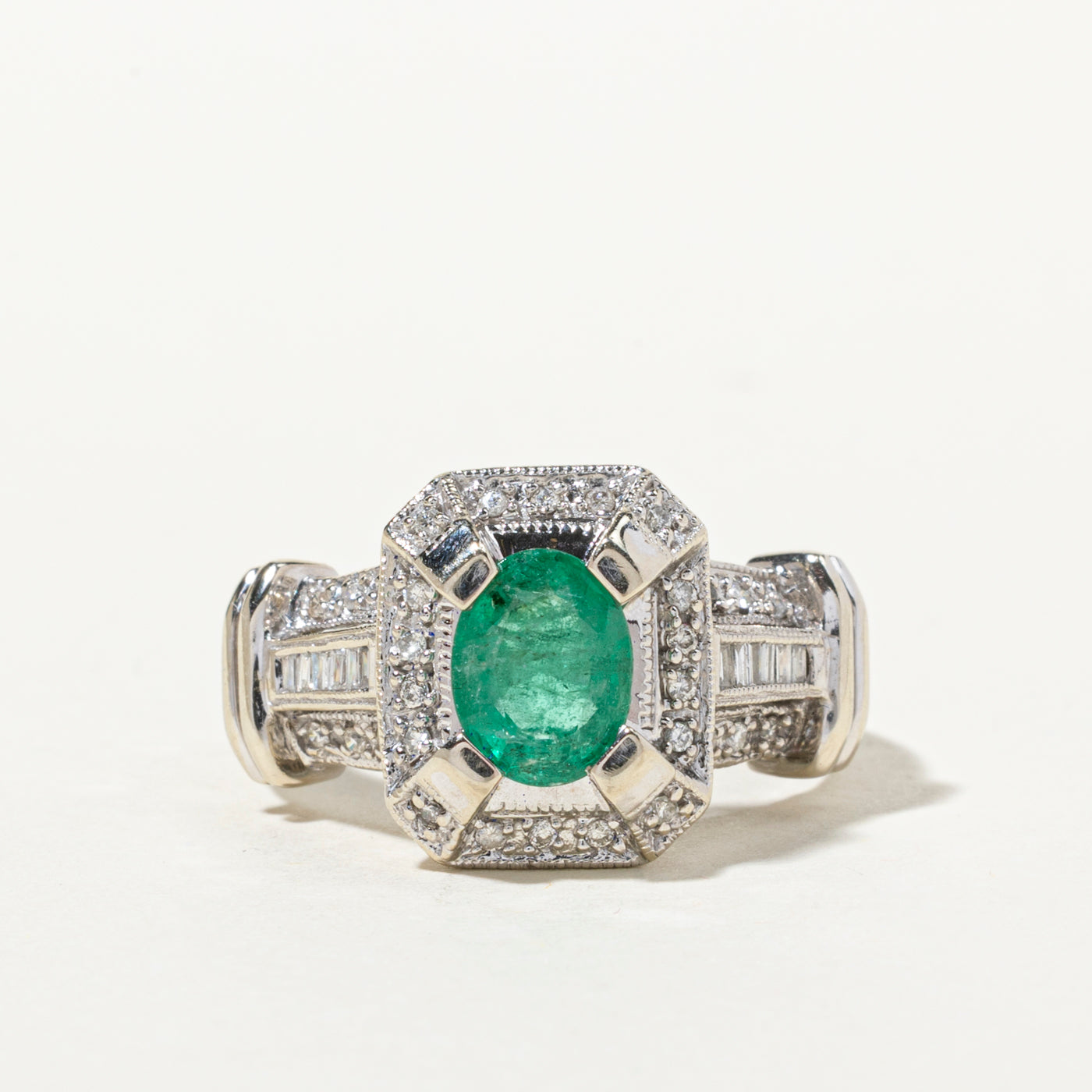 Oval Cut Emerald & Diamond Engraved Cocktail Ring | 0.98ct, 0.32ctw | SZ 8
