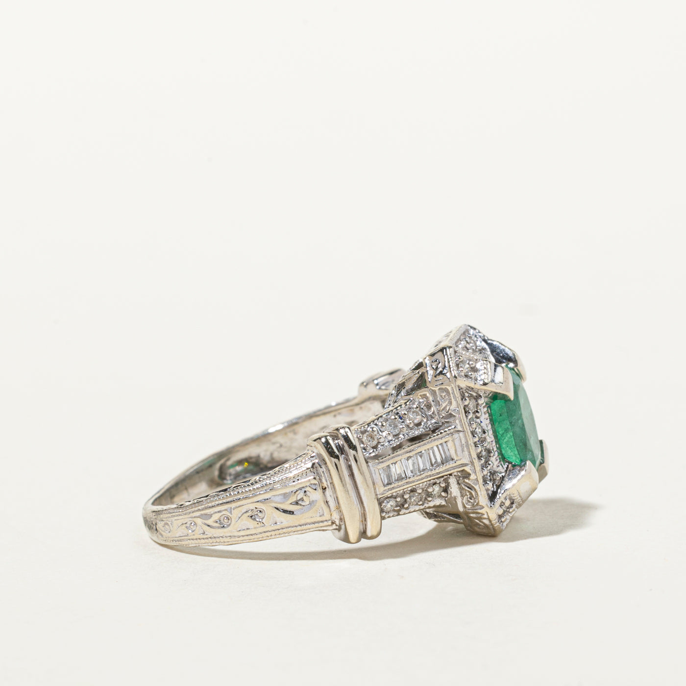 Oval Cut Emerald & Diamond Engraved Cocktail Ring | 0.98ct, 0.32ctw | SZ 8