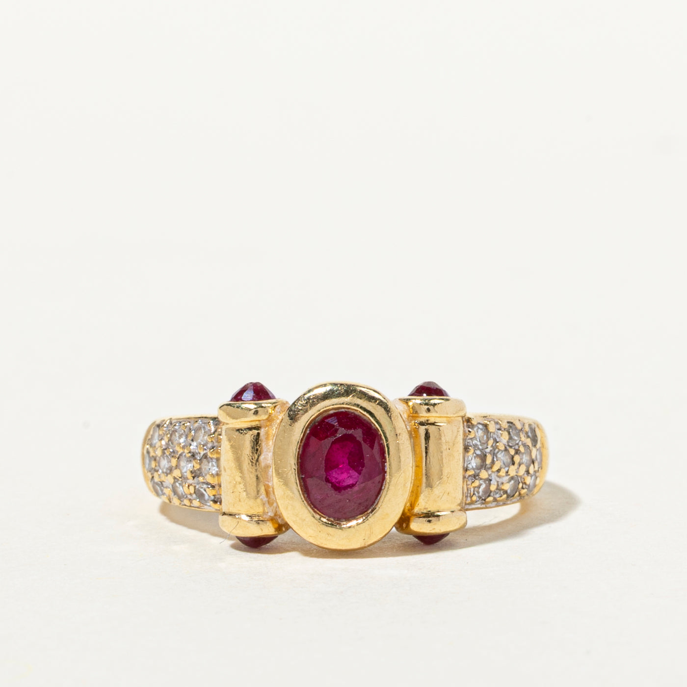 18k Bezel Set Oval Cut Ruby & Diamond Ring | 0.63ctw, 0.14ctw | SZ 2.75