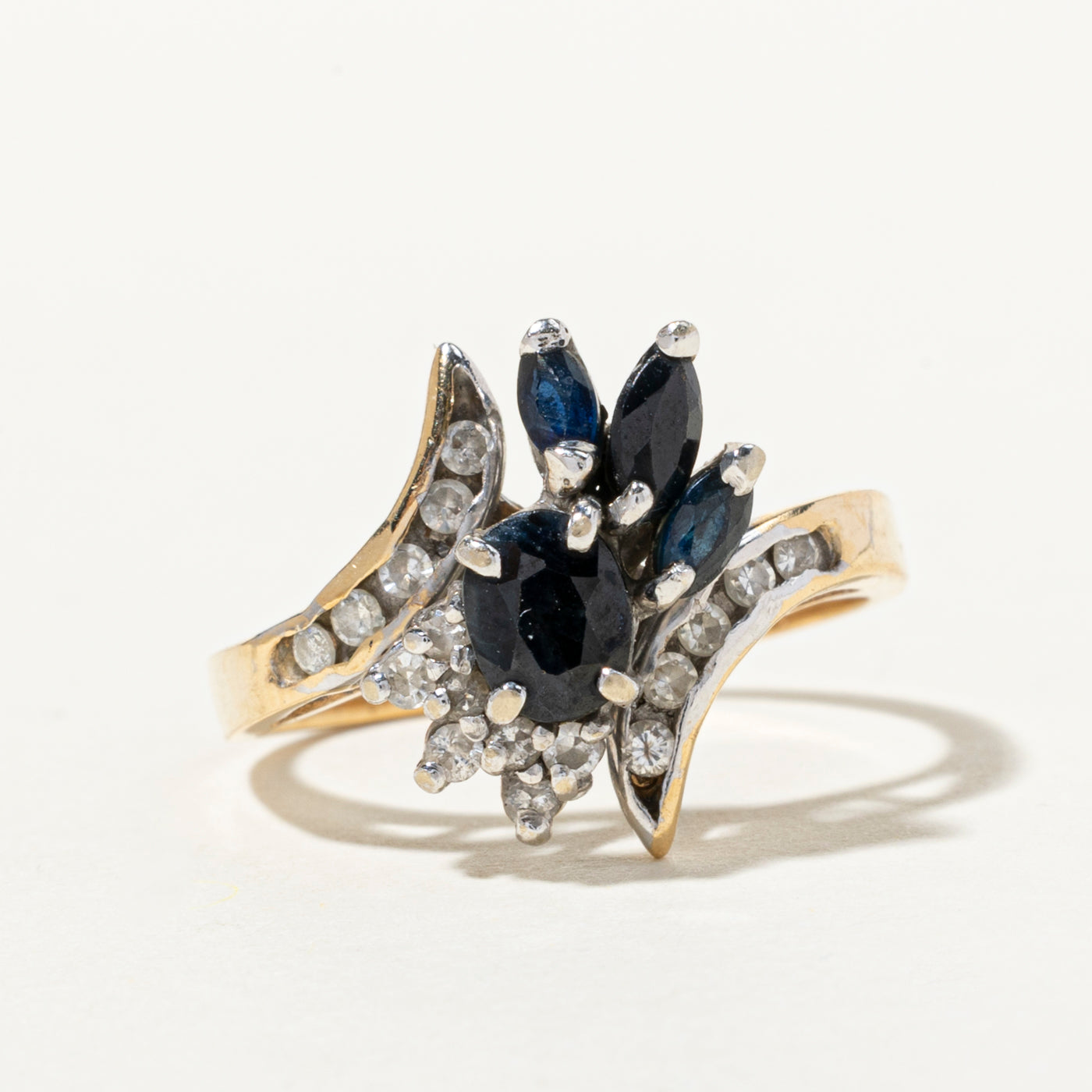 Multi Cut Sapphire & Diamond Cluster Bypass Ring | 0.88ctw, 0.23ctw | SZ 7