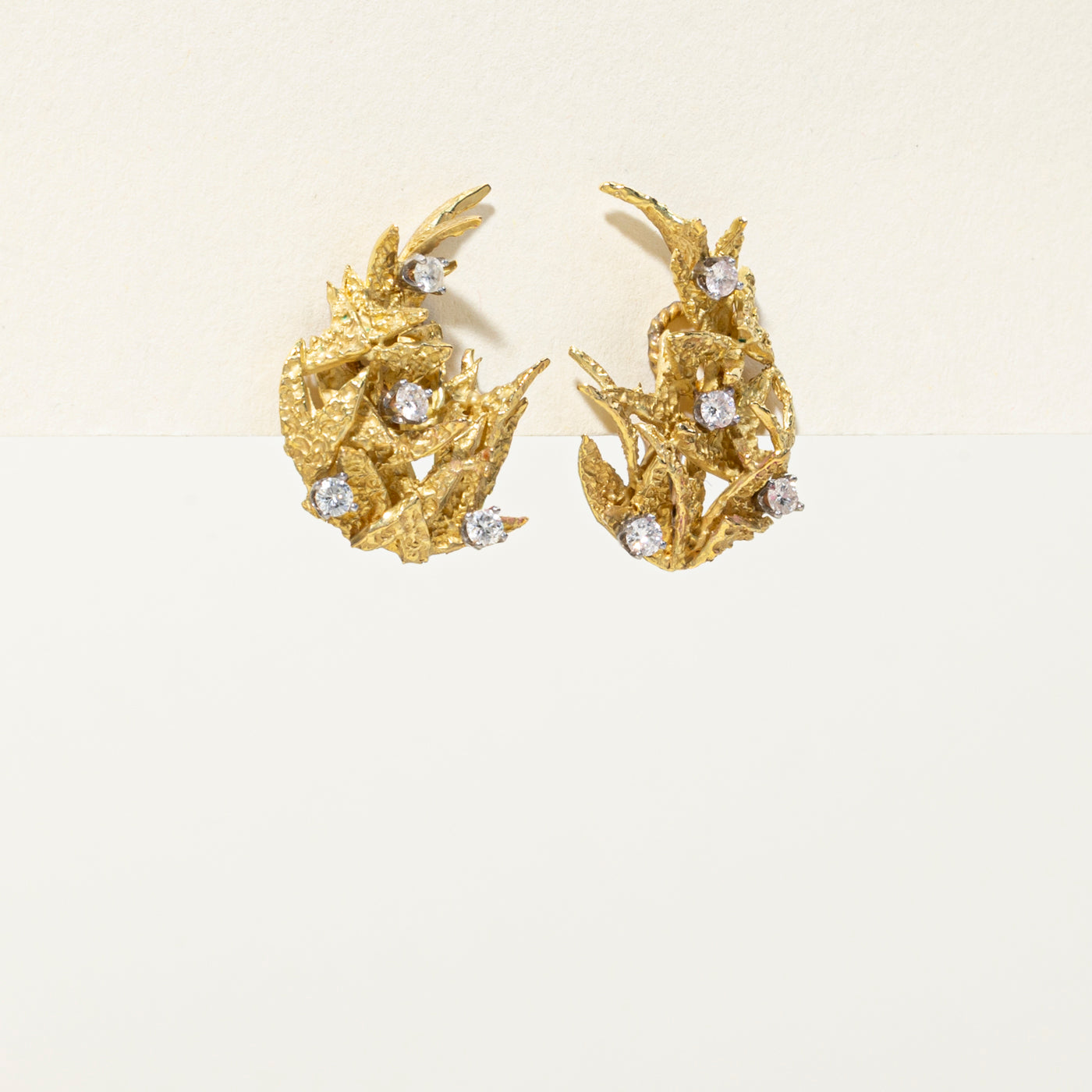 18k Diamond Textured Leaf Clip On Earrings | 0.42ctw