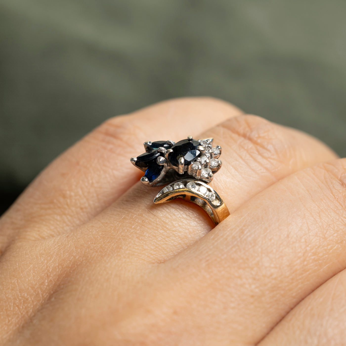 Multi Cut Sapphire & Diamond Cluster Bypass Ring | 0.88ctw, 0.23ctw | SZ 7