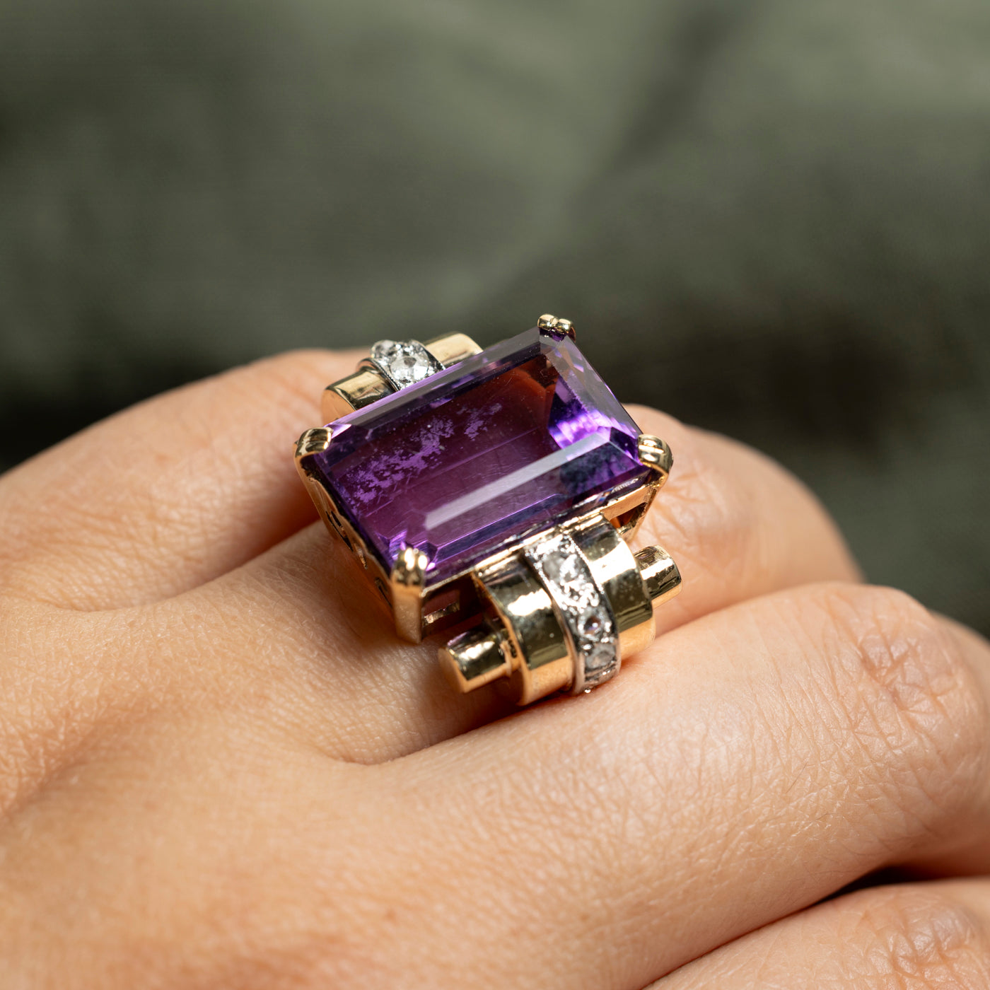 18k Amethyst & Rose Cut Diamond Cocktail Ring | 15.89ct, 0.18ctw | SZ 5.5
