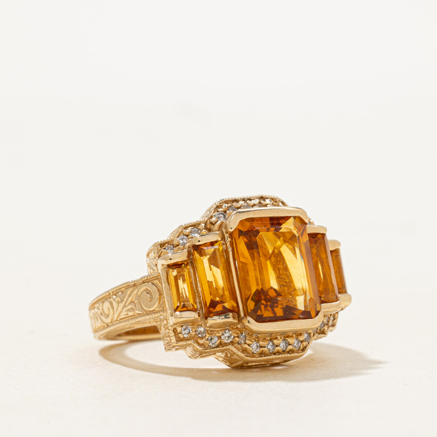 Emerald Cut Citrine & Diamond Engraved Cocktail Ring | 2.9ctw, 1.15ctw | SZ 7.0 |