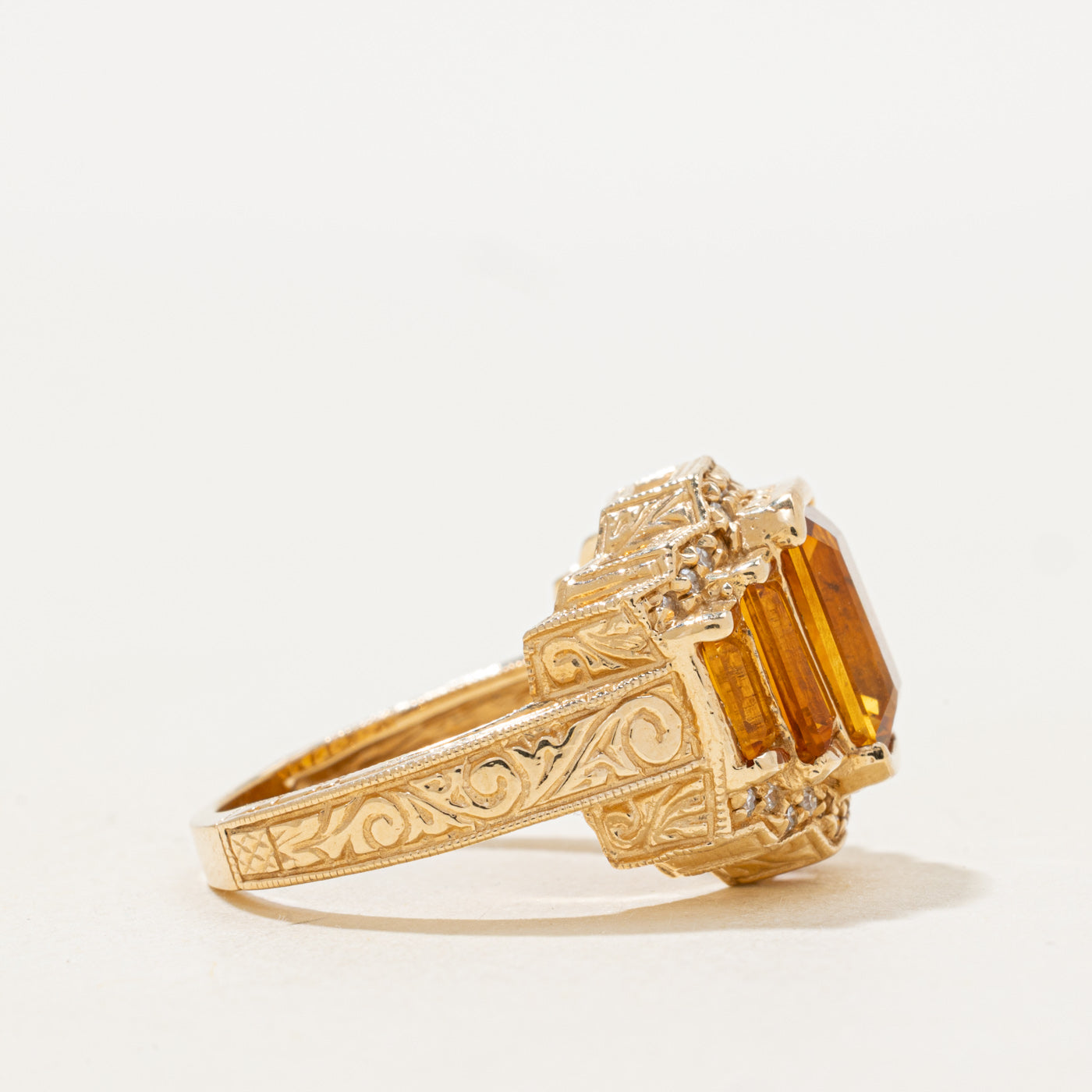 Emerald Cut Citrine & Diamond Engraved Cocktail Ring | 2.9ctw, 1.15ctw | SZ 7.0 |