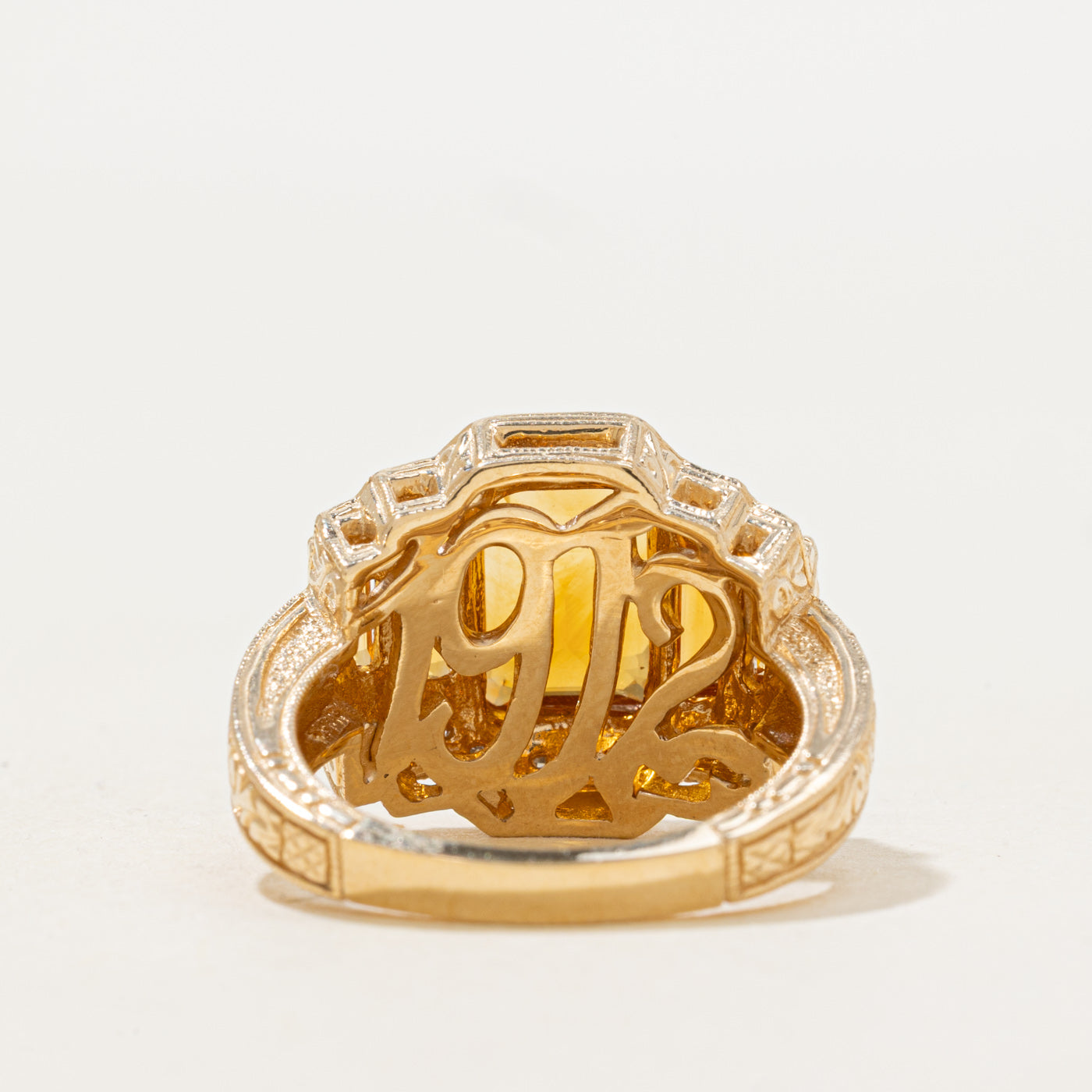 Emerald Cut Citrine & Diamond Engraved Cocktail Ring | 2.9ctw, 1.15ctw | SZ 7.0 |