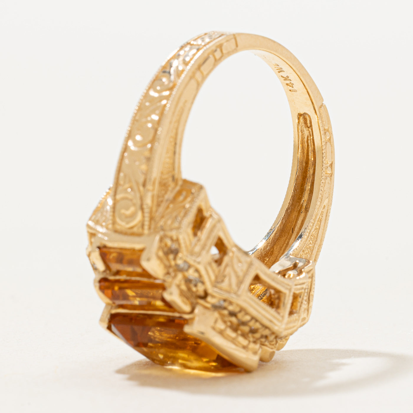 Emerald Cut Citrine & Diamond Engraved Cocktail Ring | 2.9ctw, 1.15ctw | SZ 7.0 |