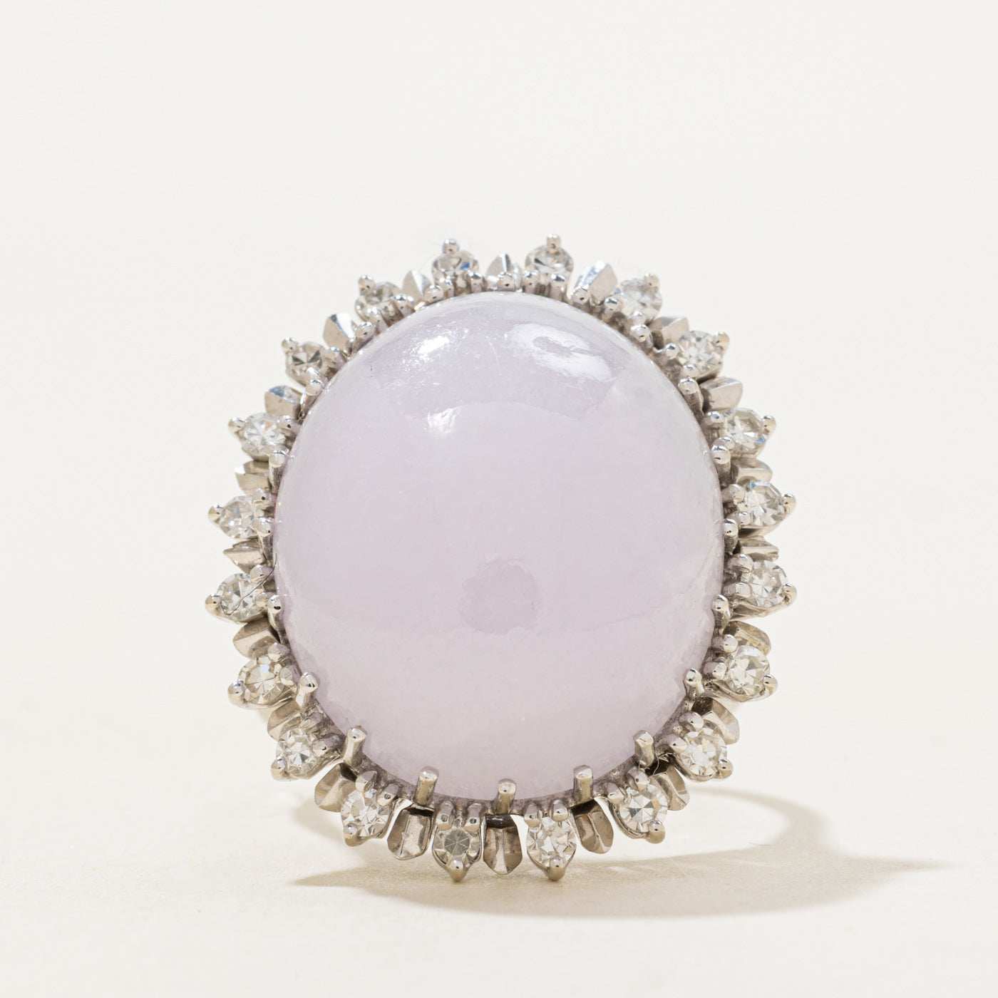 Lavender Jadeite & Diamond Halo Cocktail Ring | 34.5ct, 0.6ctw | SZ 8.0 |