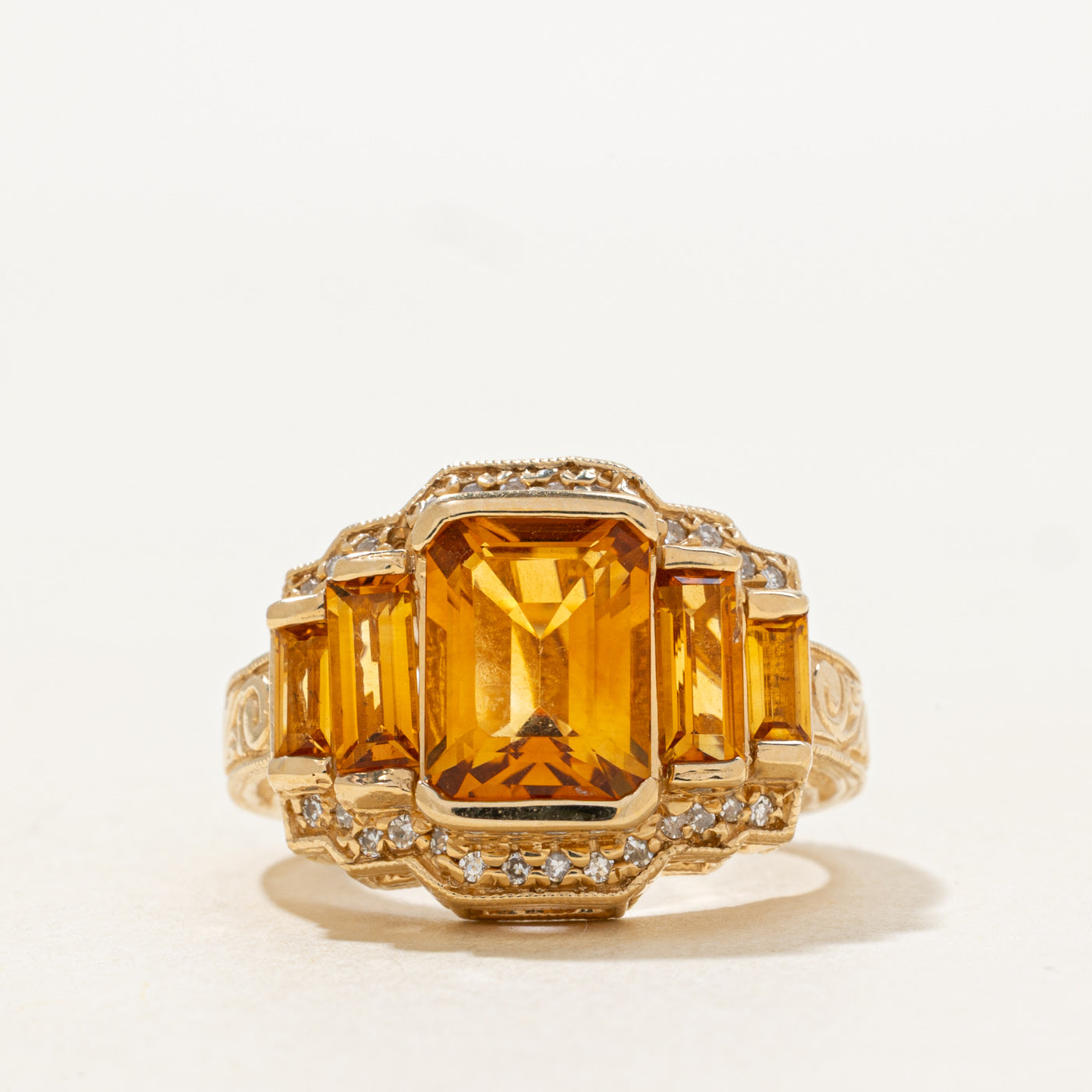 Emerald Cut Citrine & Diamond Engraved Cocktail Ring | 2.9ctw, 1.15ctw | SZ 7.0 |