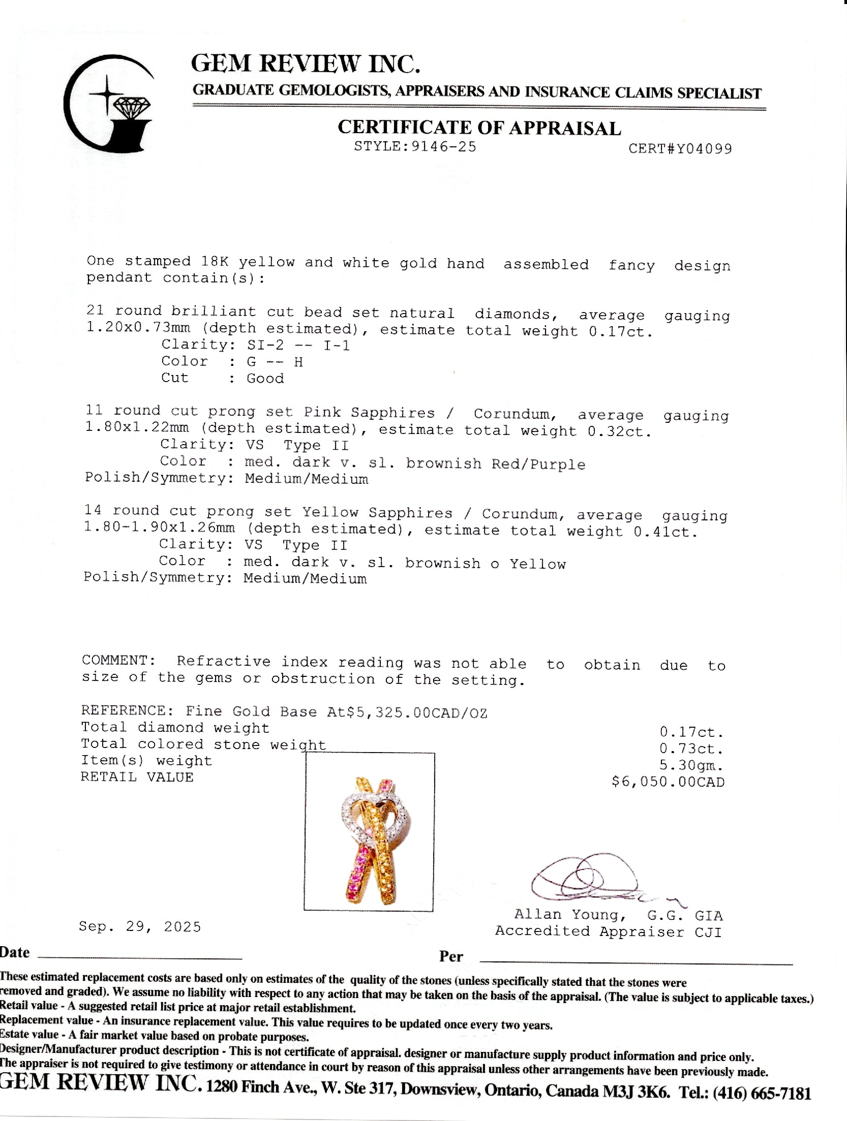 18k Yellow & Pink Sapphire & Diamond Heart Cross Over Pendant | 0.73ctw, 0.17ctw