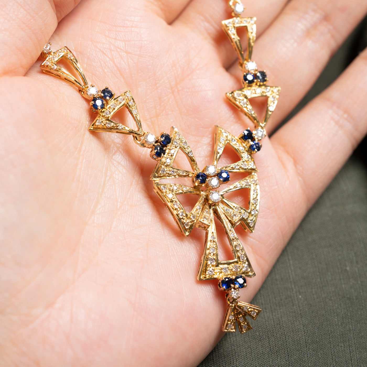 Sapphire & Diamond Bow Design Statement Necklace | 1.98ctw, 1.61ctw | 16.5"