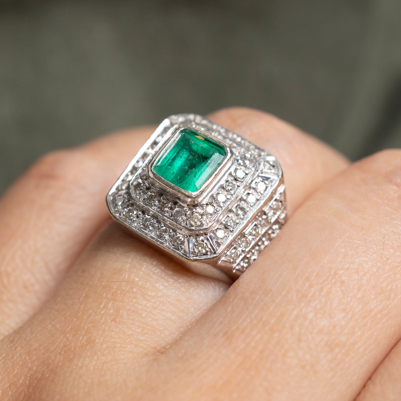 Bezel Set Emerald & Diamond Halo Cocktail Ring | 1.00ct, 0.63ctw | SZ 7