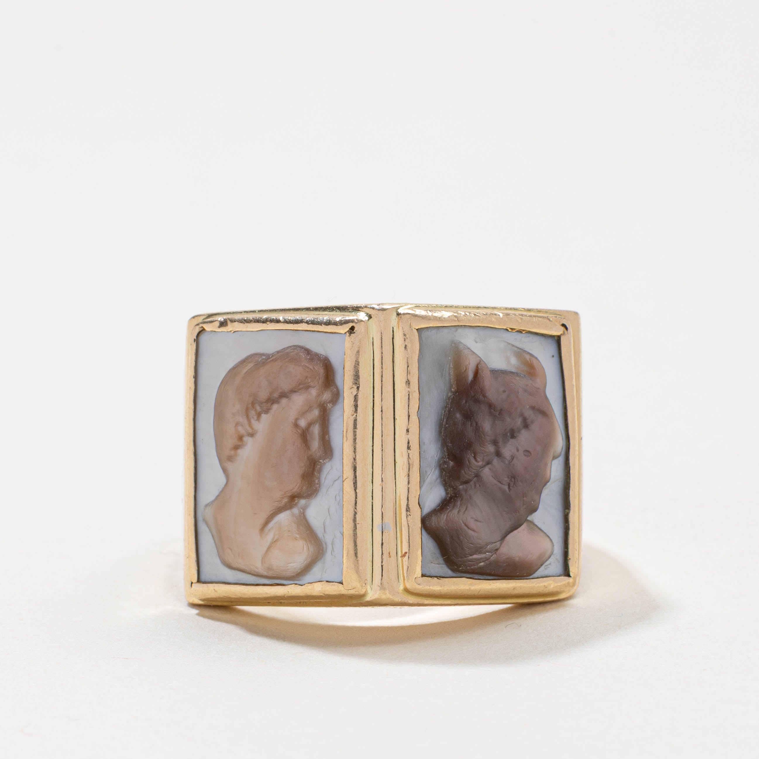14k Mother of Pearl Good & Bad Cameo Signet Ring | 8.00ctw | SZ 11.5
