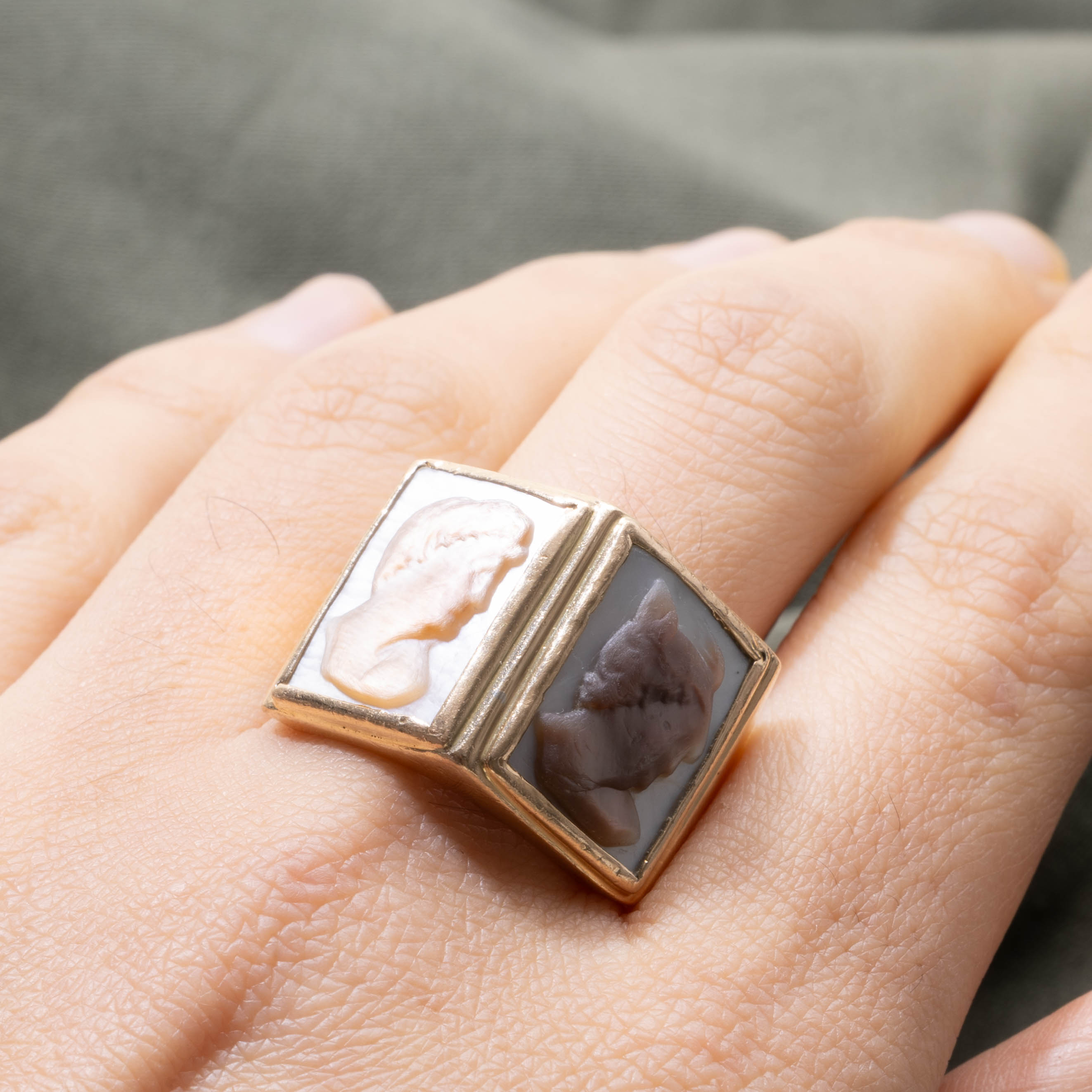 14k Mother of Pearl Good & Bad Cameo Signet Ring | 8.00ctw | SZ 11.5