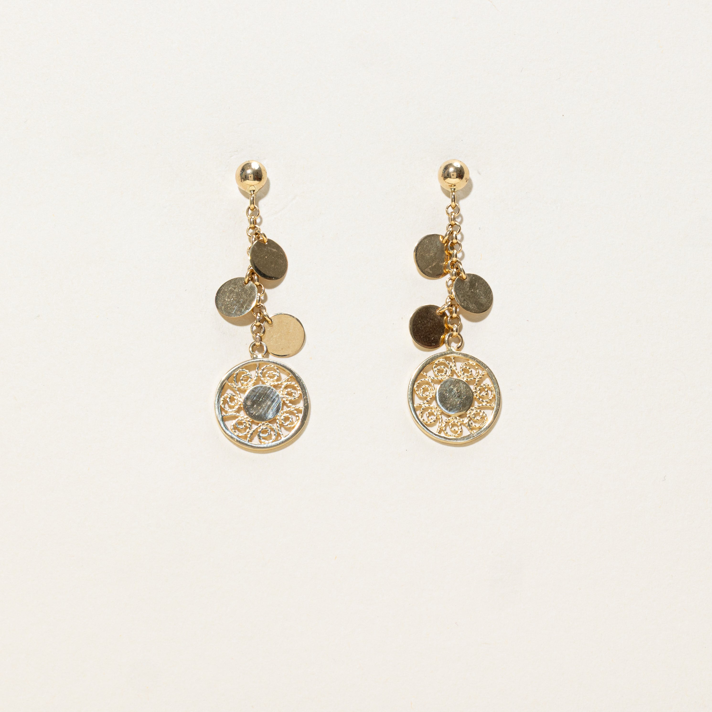 14k Yellow Gold Discs Drop Earrings