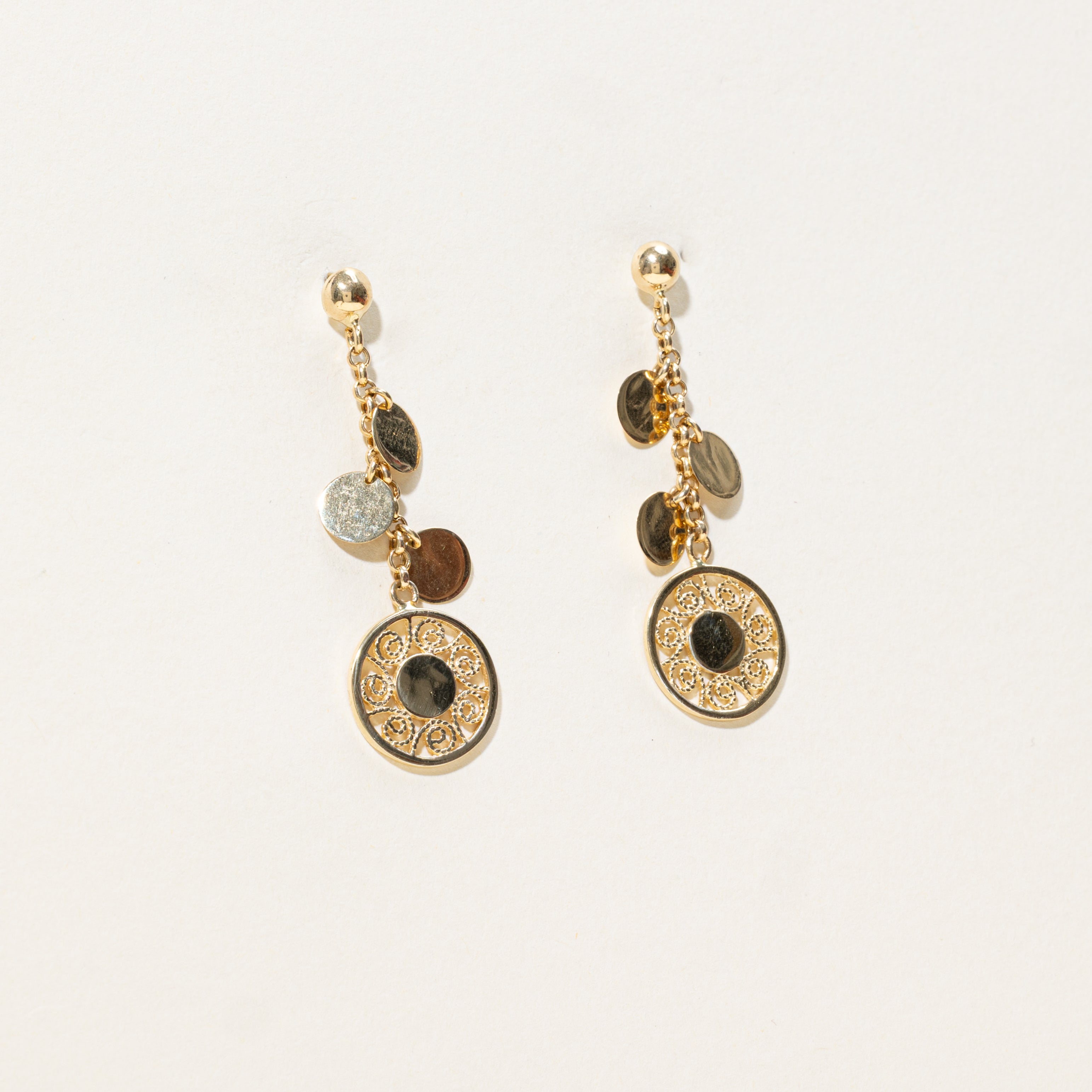 14k Yellow Gold Discs Drop Earrings