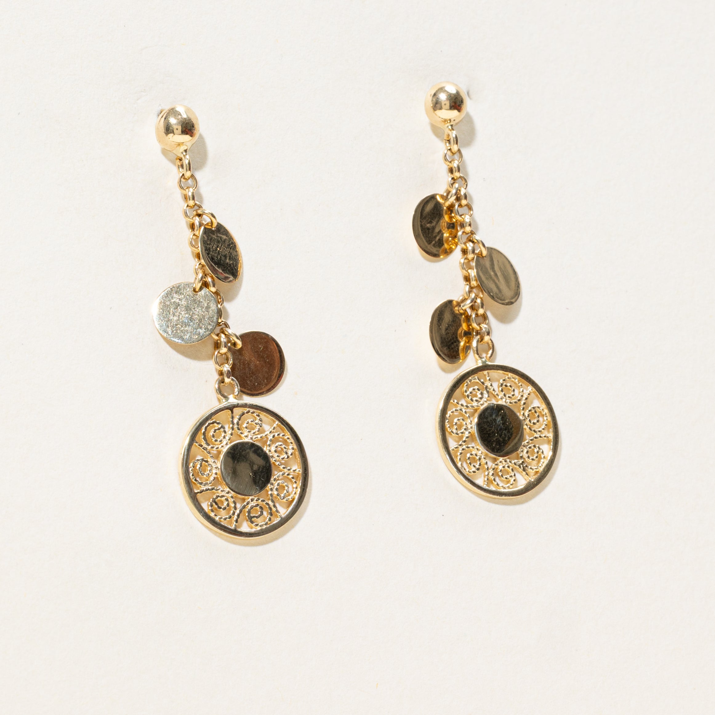 14k Yellow Gold Discs Drop Earrings