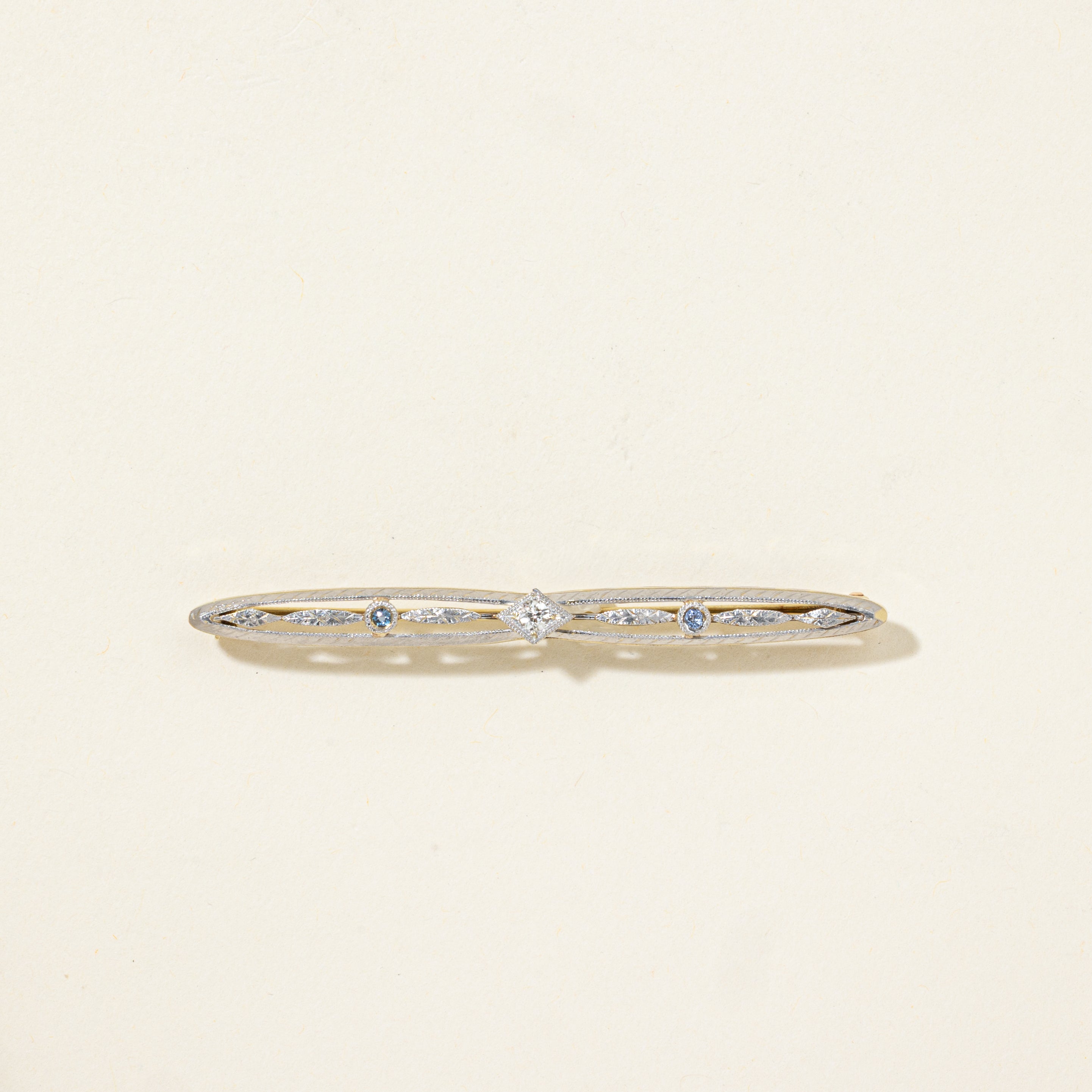 Art Deco Old Mine Cut Diamond & Sapphire Textured Brooch | 0.06ct, 0.05ctw