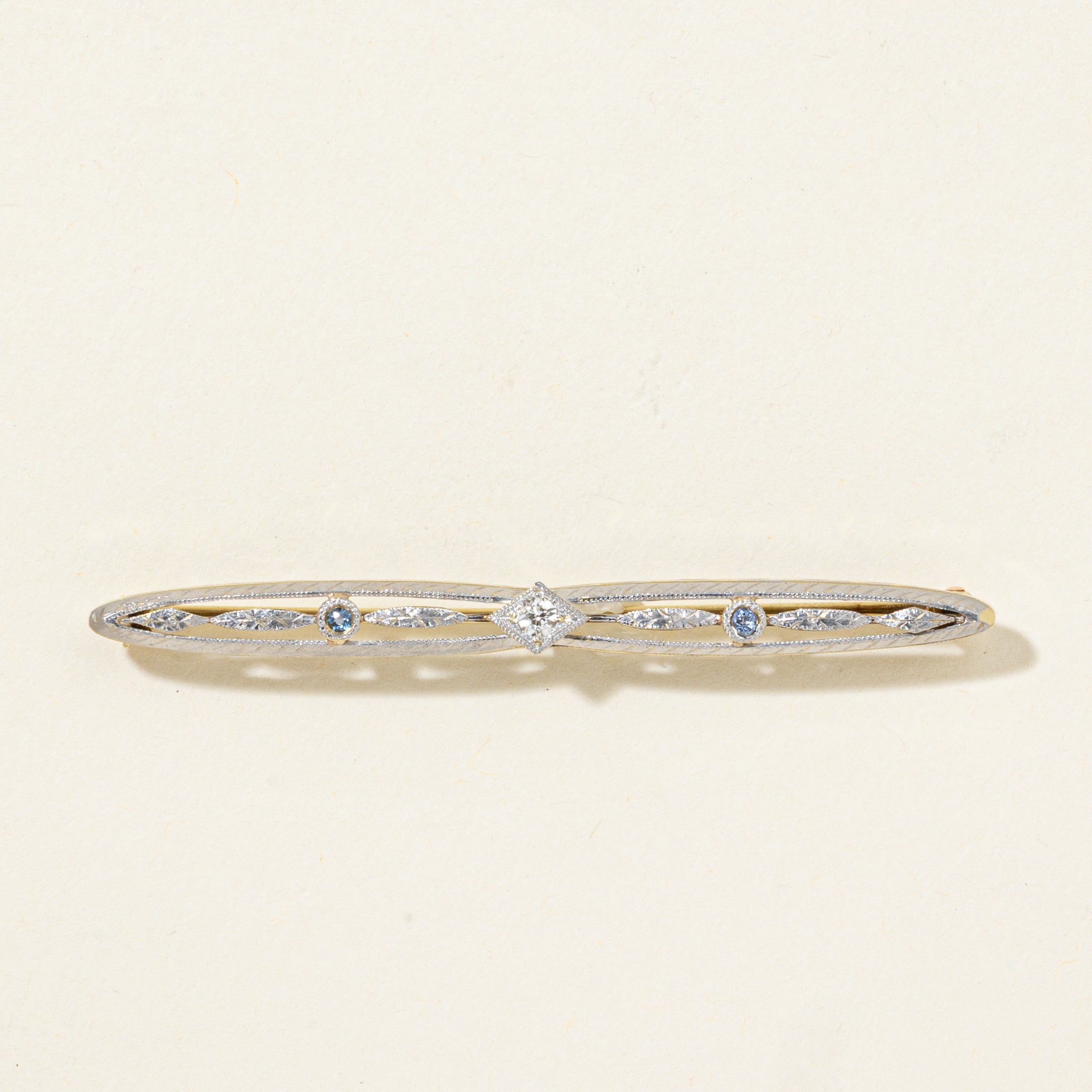 Art Deco Old Mine Cut Diamond & Sapphire Textured Brooch | 0.06ct, 0.05ctw
