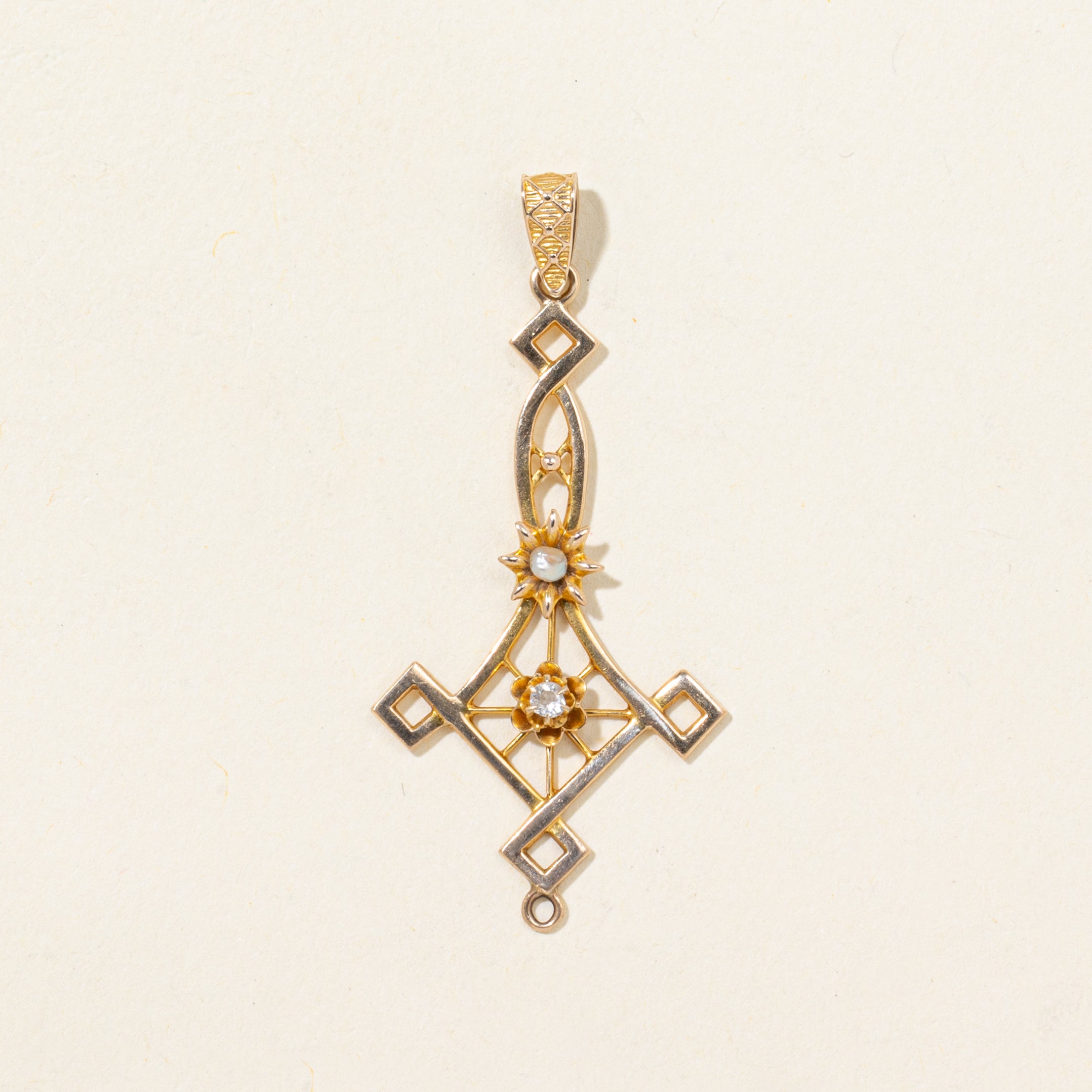 Old Mine Cut Diamond & Seed Pearl Drop Pendant | 0.06ct