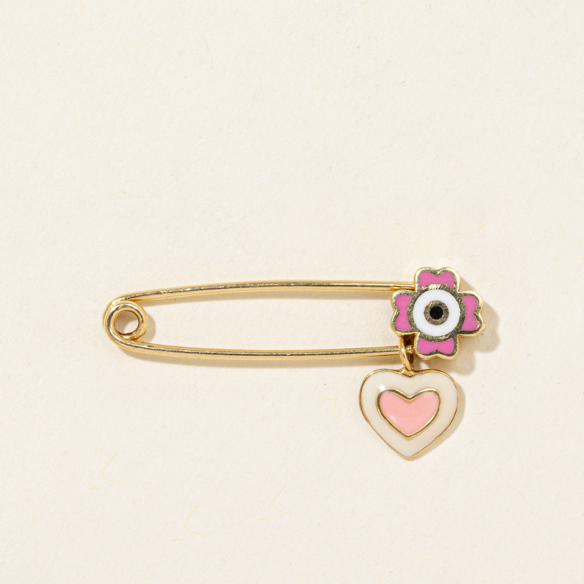 18k Yellow Gold Enamel Heart Safety Pin Brooch