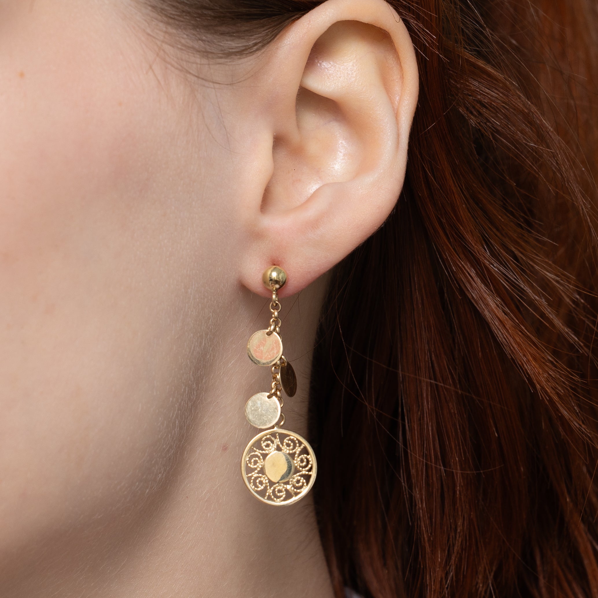 14k Yellow Gold Discs Drop Earrings
