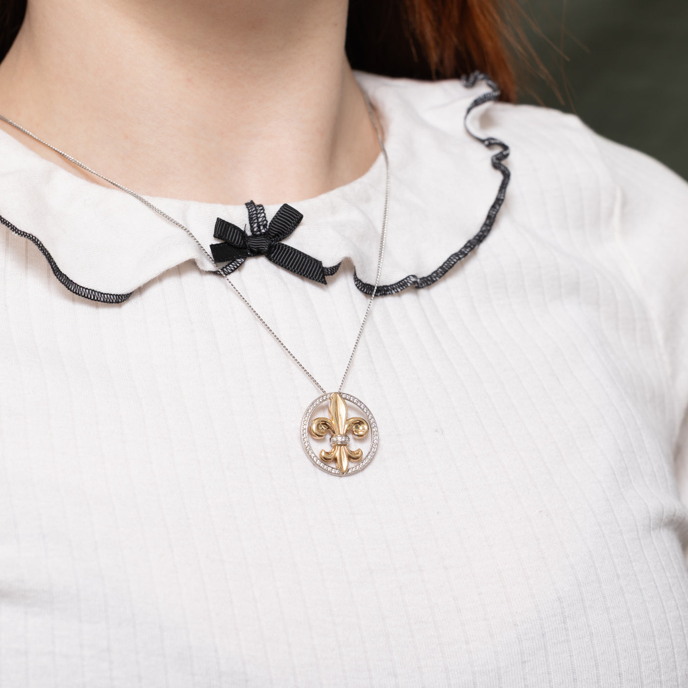 Two Tone Diamond Halo Fleur De Lis Circle Pendant | 0.11ctw