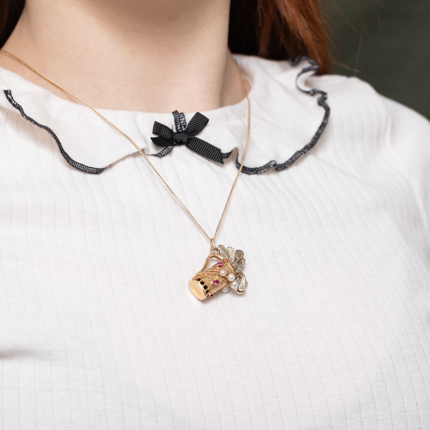 Two Tone Gold Synthetic Ruby & Cultured Pearl Golf Bag Pendant | 0.34ctw