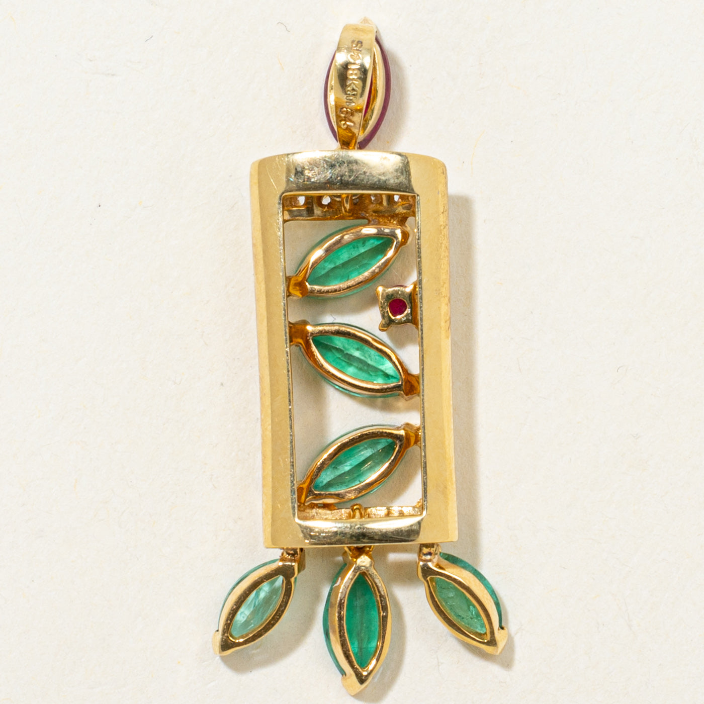 18k Emerald & Synthetic Ruby Openwork Pendant | 2.00ctw, 0.56ctw