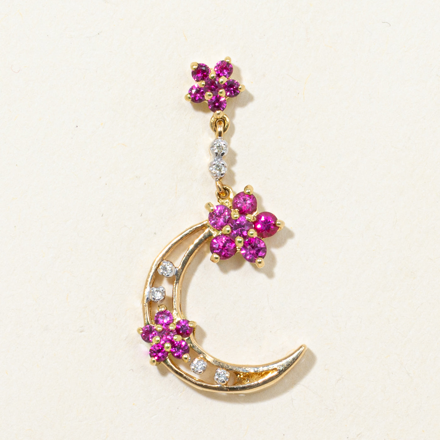 18k Synthetic Ruby & Diamond Cluster Moon Pendant | 0.64ctw, 0.03ctw